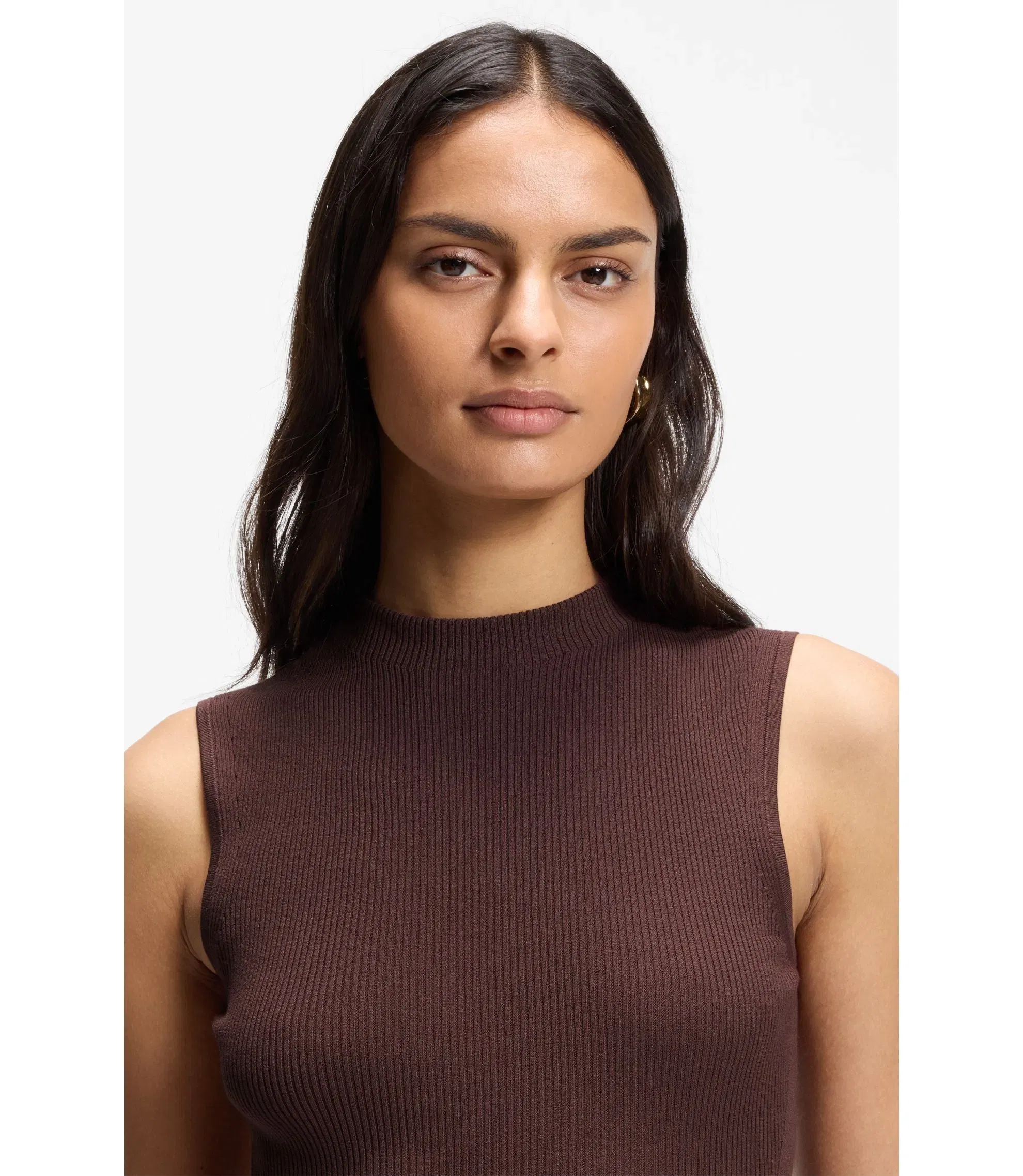 Boss Ribbed Top With Mock Neckline Dark Brown Women's