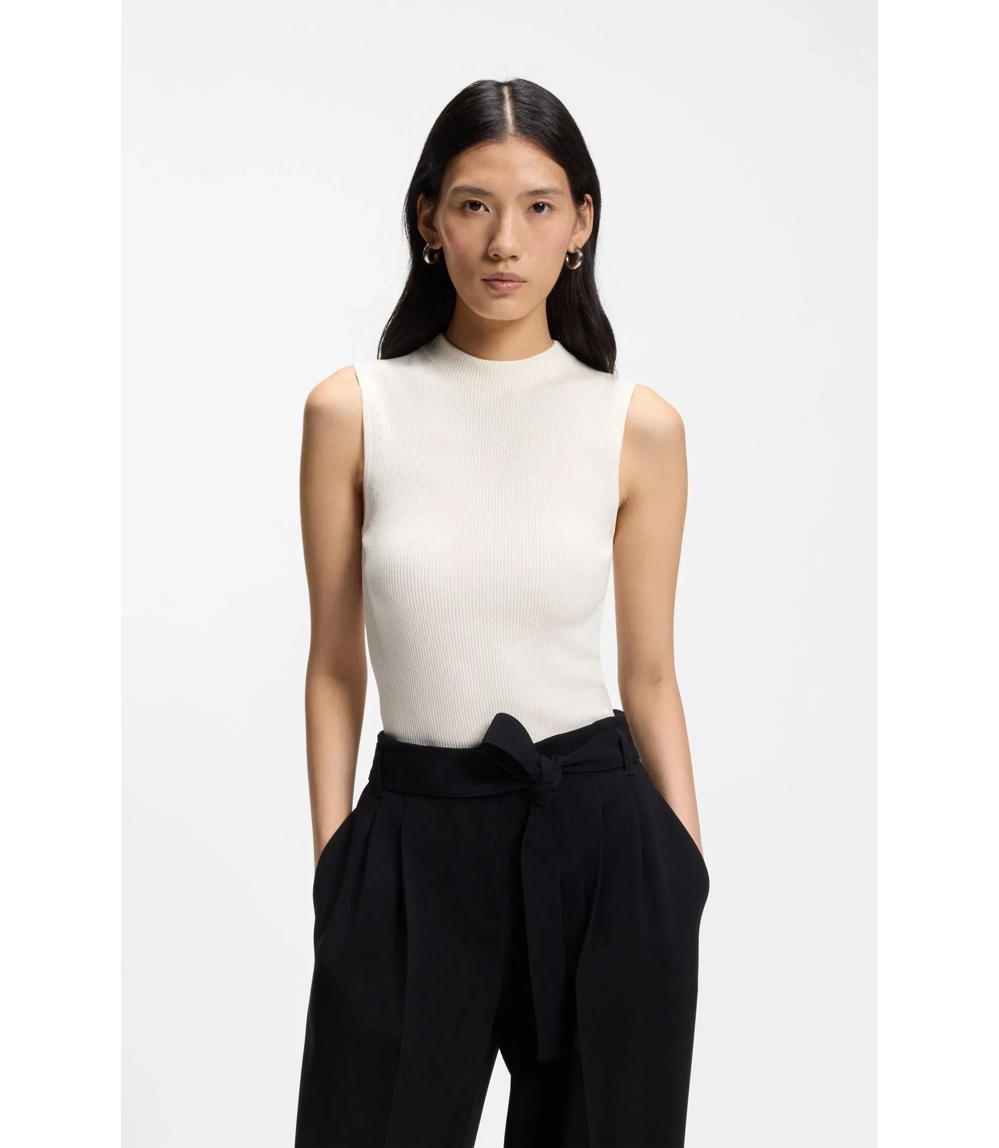 Boss Ribbed Top With Mock Neckline White Women's