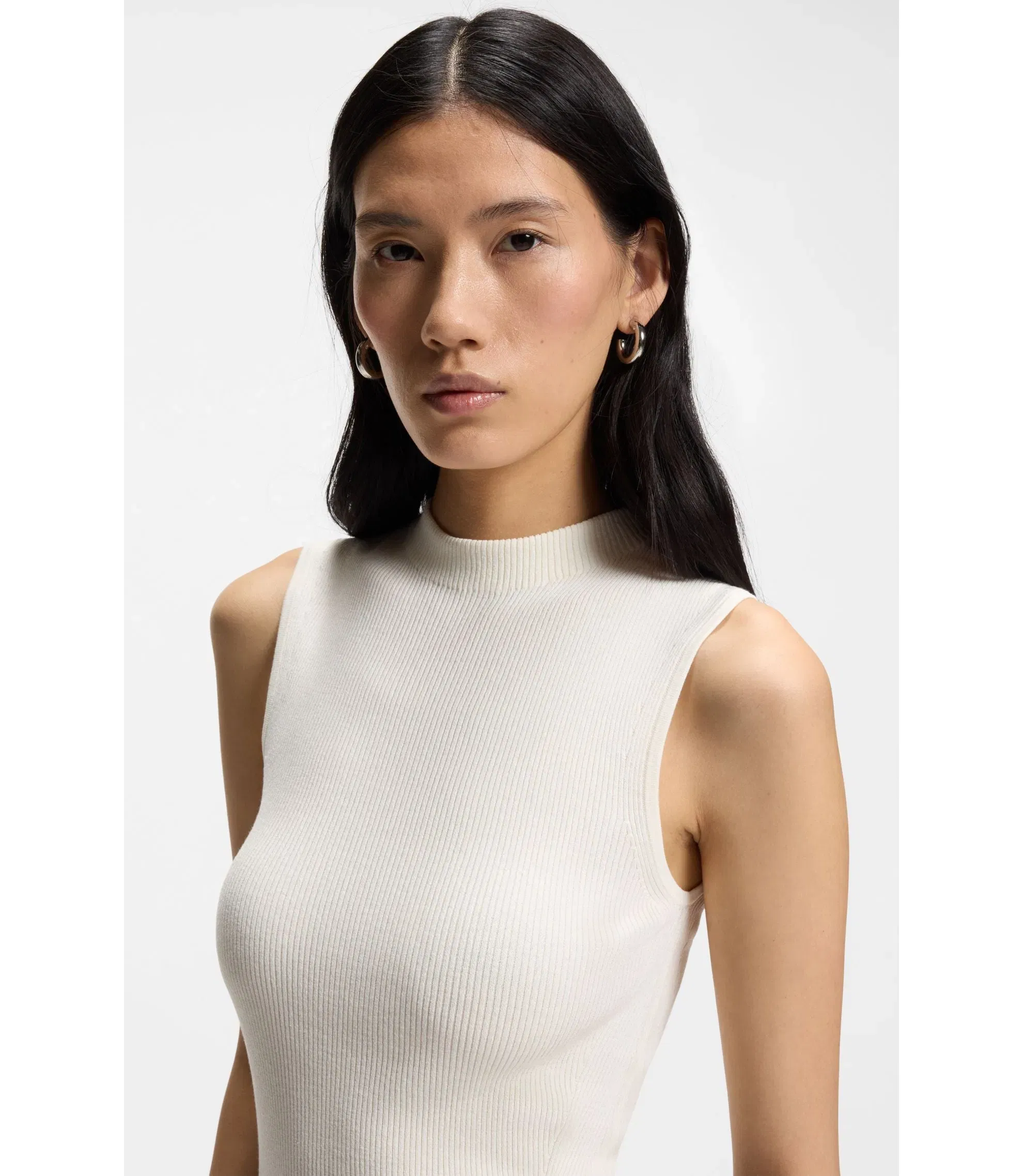 Boss Ribbed Top With Mock Neckline White Women's