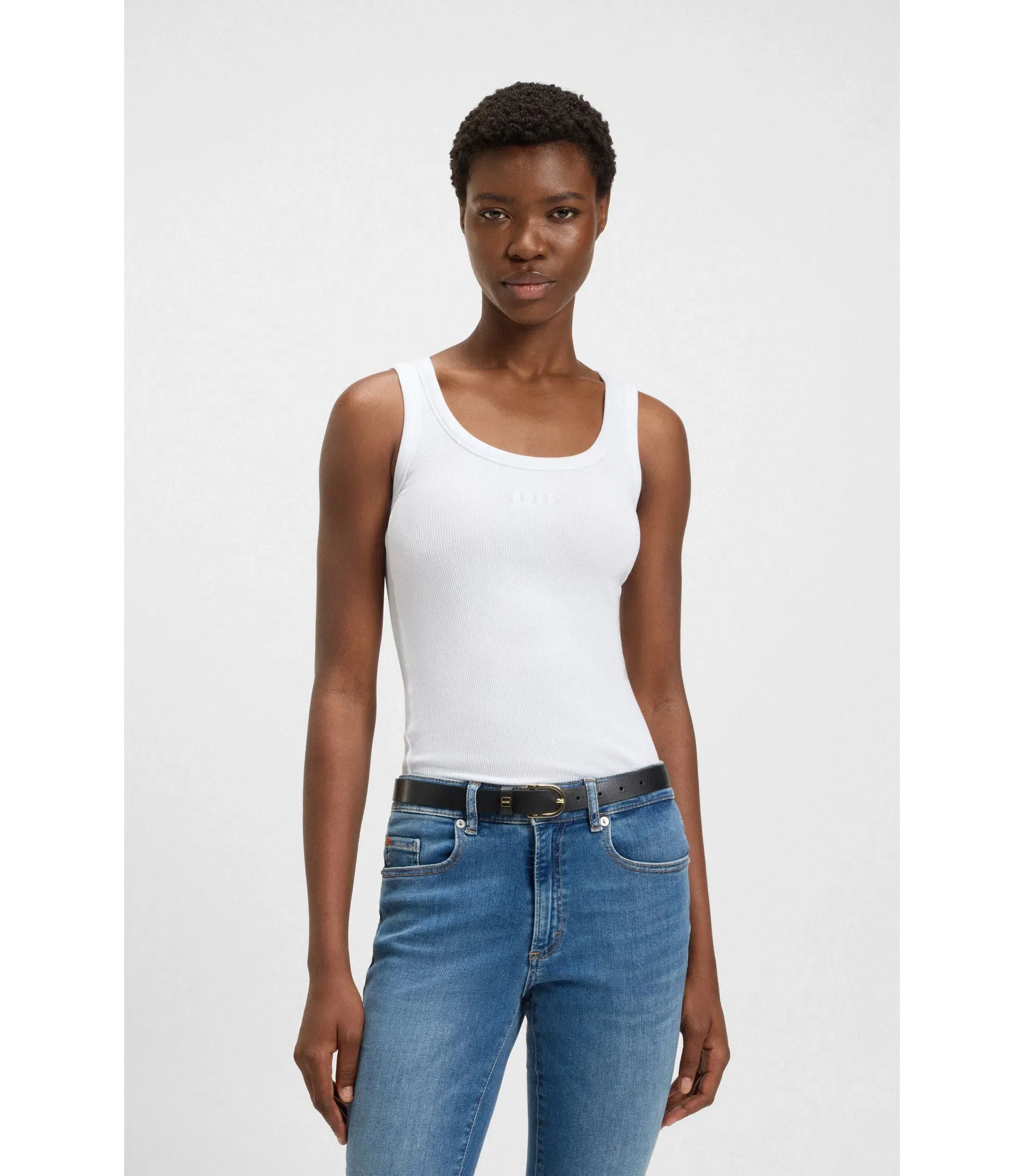 Boss Ribbed Top In Stretch Cotton White Women's