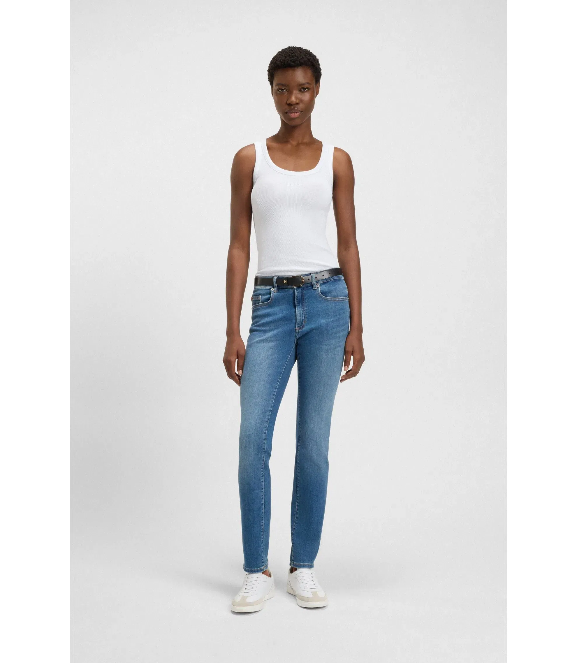 Boss Ribbed Top In Stretch Cotton White Women's