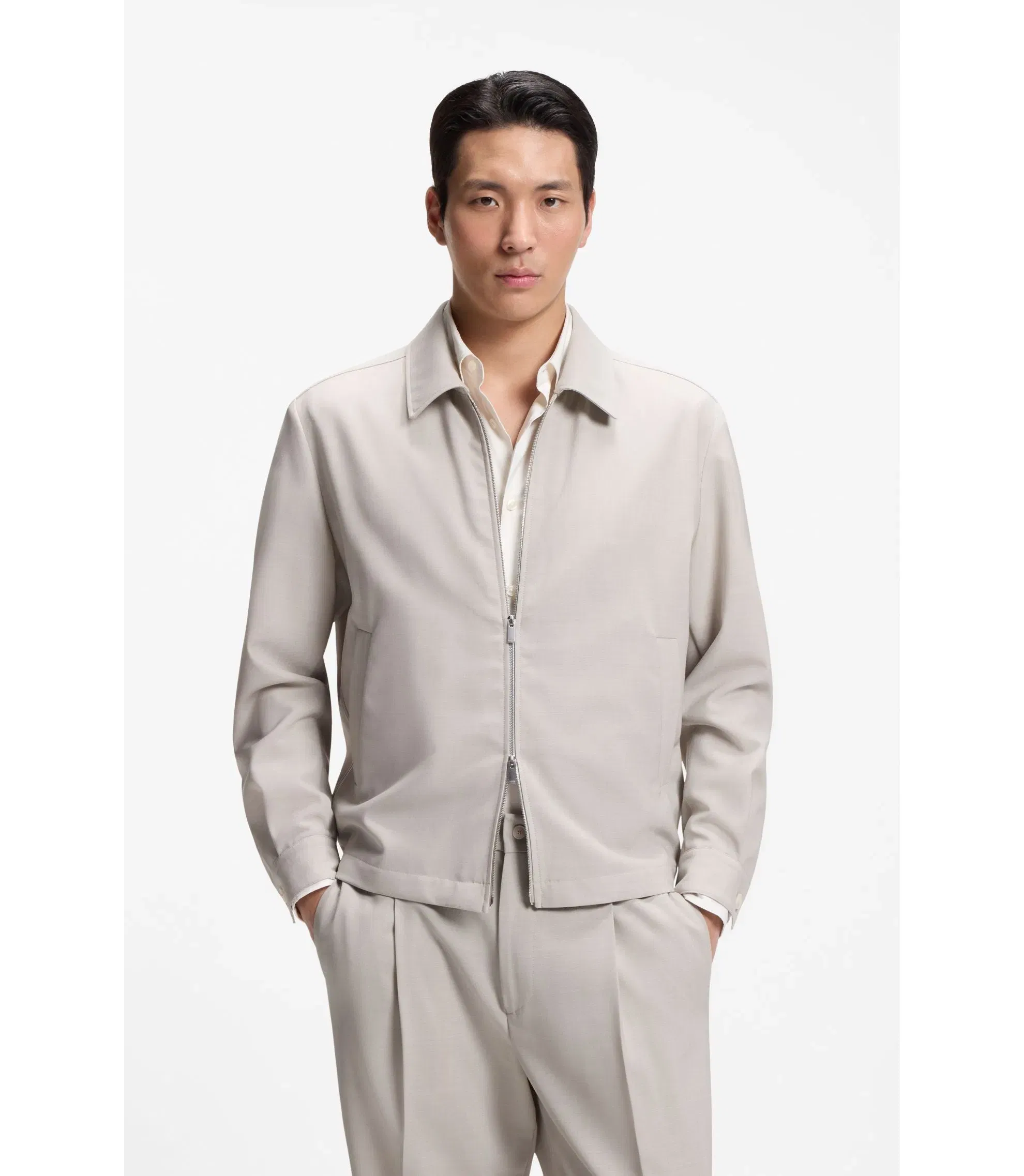 Boss Relaxed Fit Zip Up Jacket In Patterned Virgin Wool Light Beige