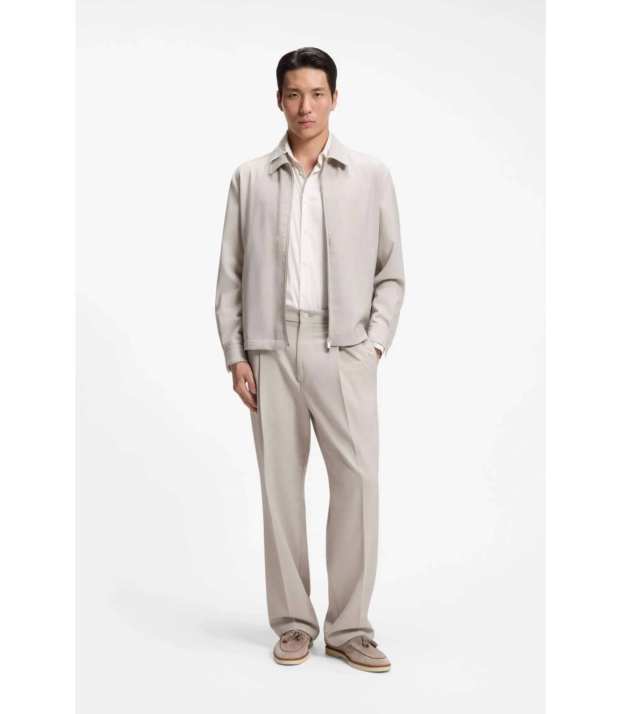 Boss Relaxed Fit Zip Up Jacket In Patterned Virgin Wool Light Beige