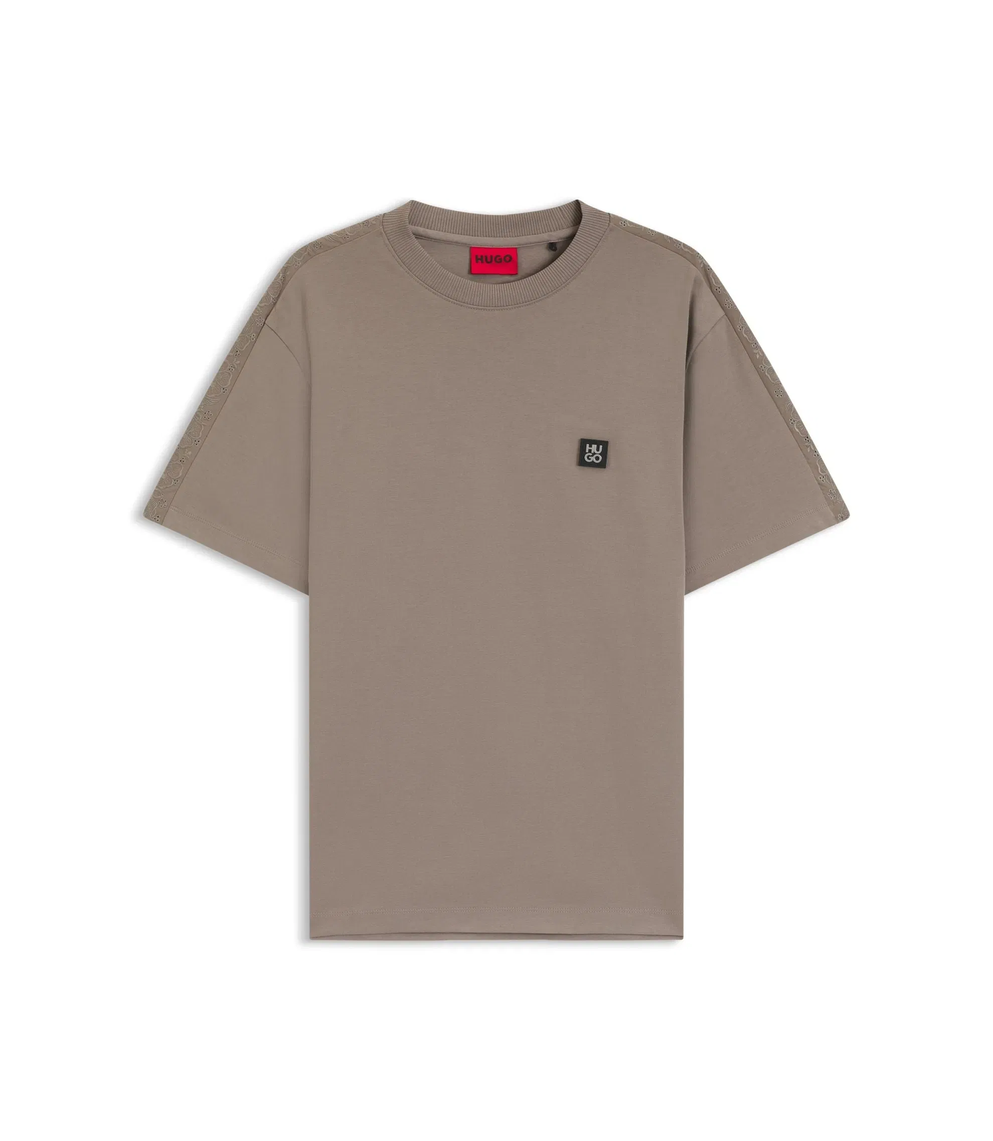 Hugo Relaxed Fit T-Shirt In Interlock Cotton With Embroidered Shoulders Light Brown