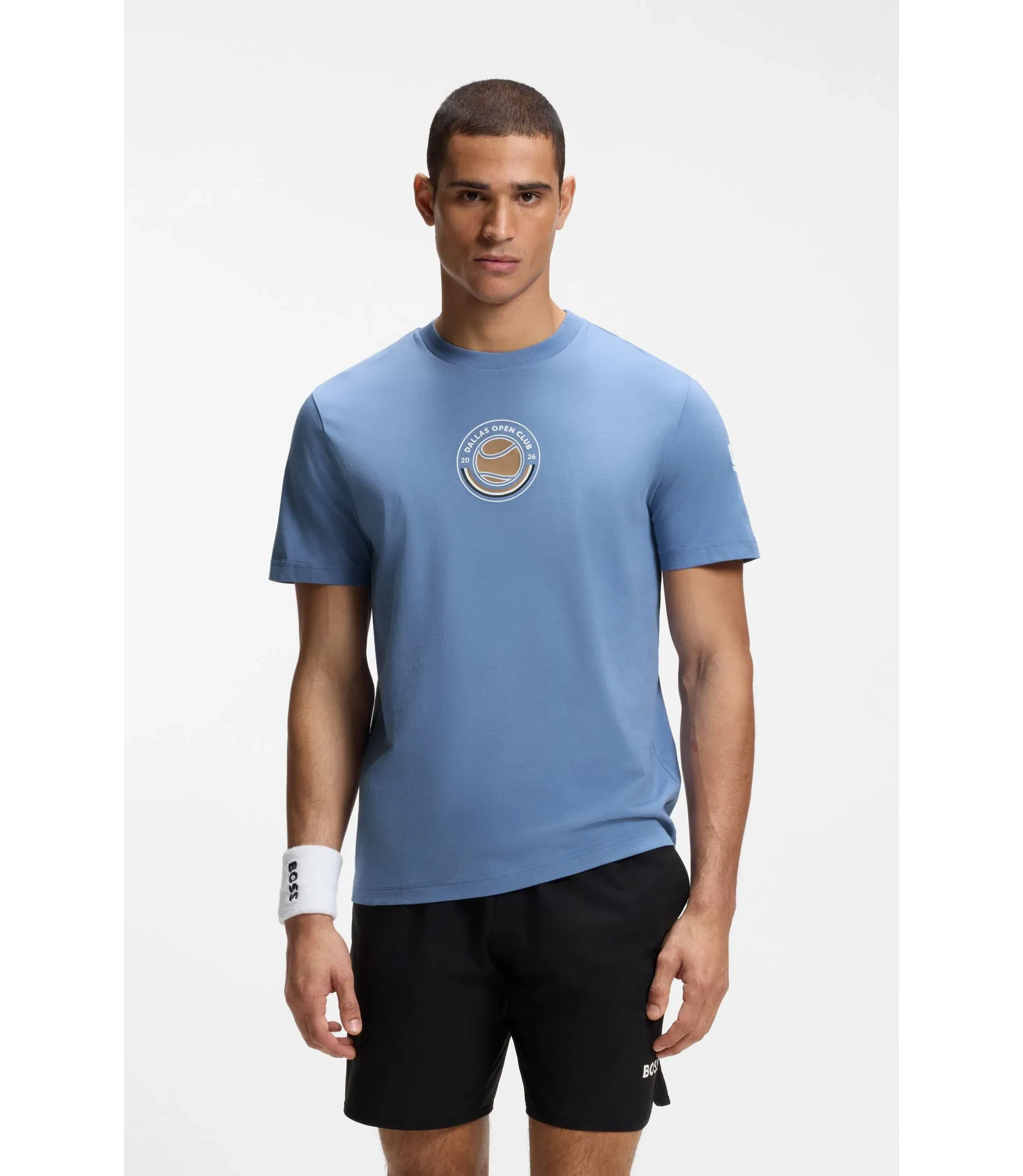 Boss Relaxed Fit T-Shirt In Cotton With Tennis Artwork Light Blue