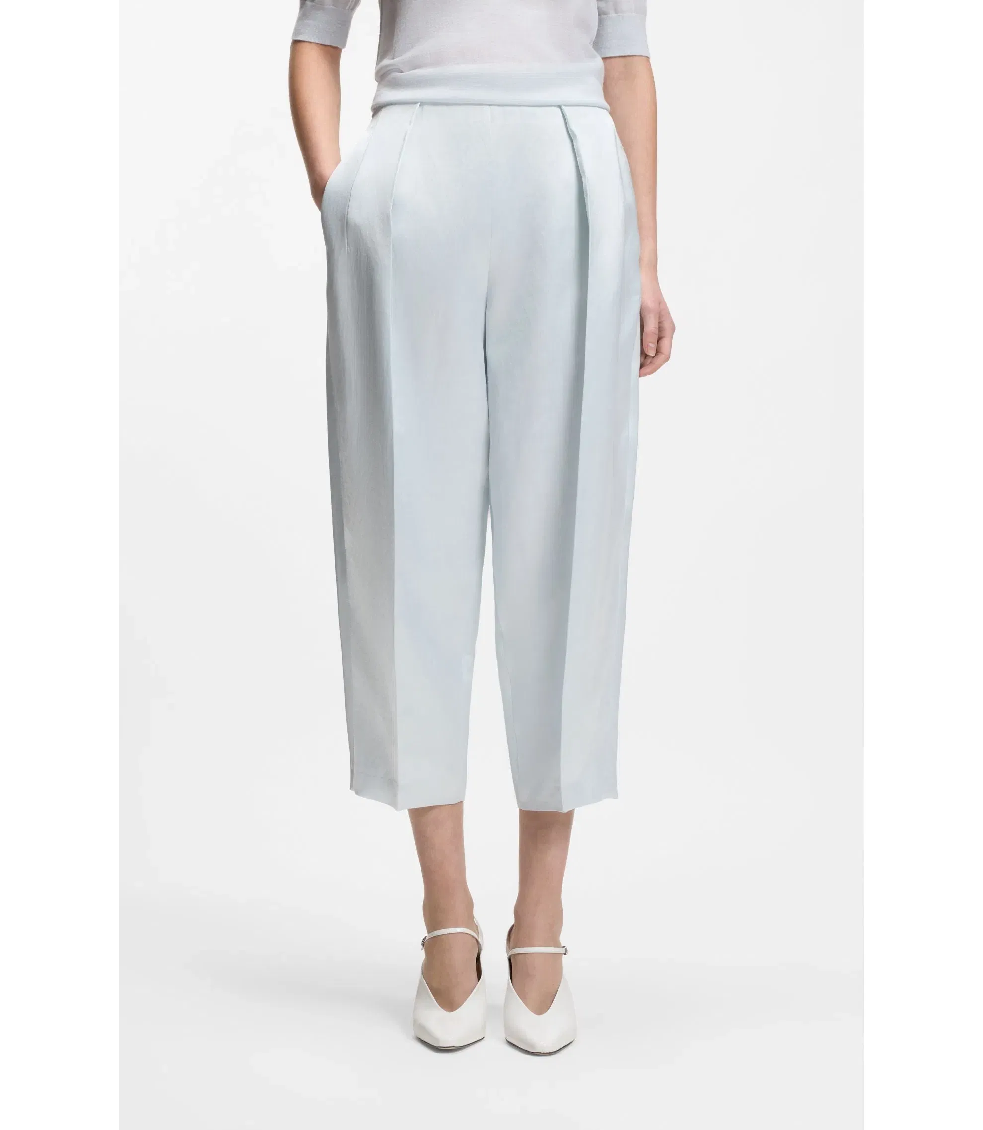 Boss Relaxed Fit Trousers In Soft Sateen Light Blue Women's