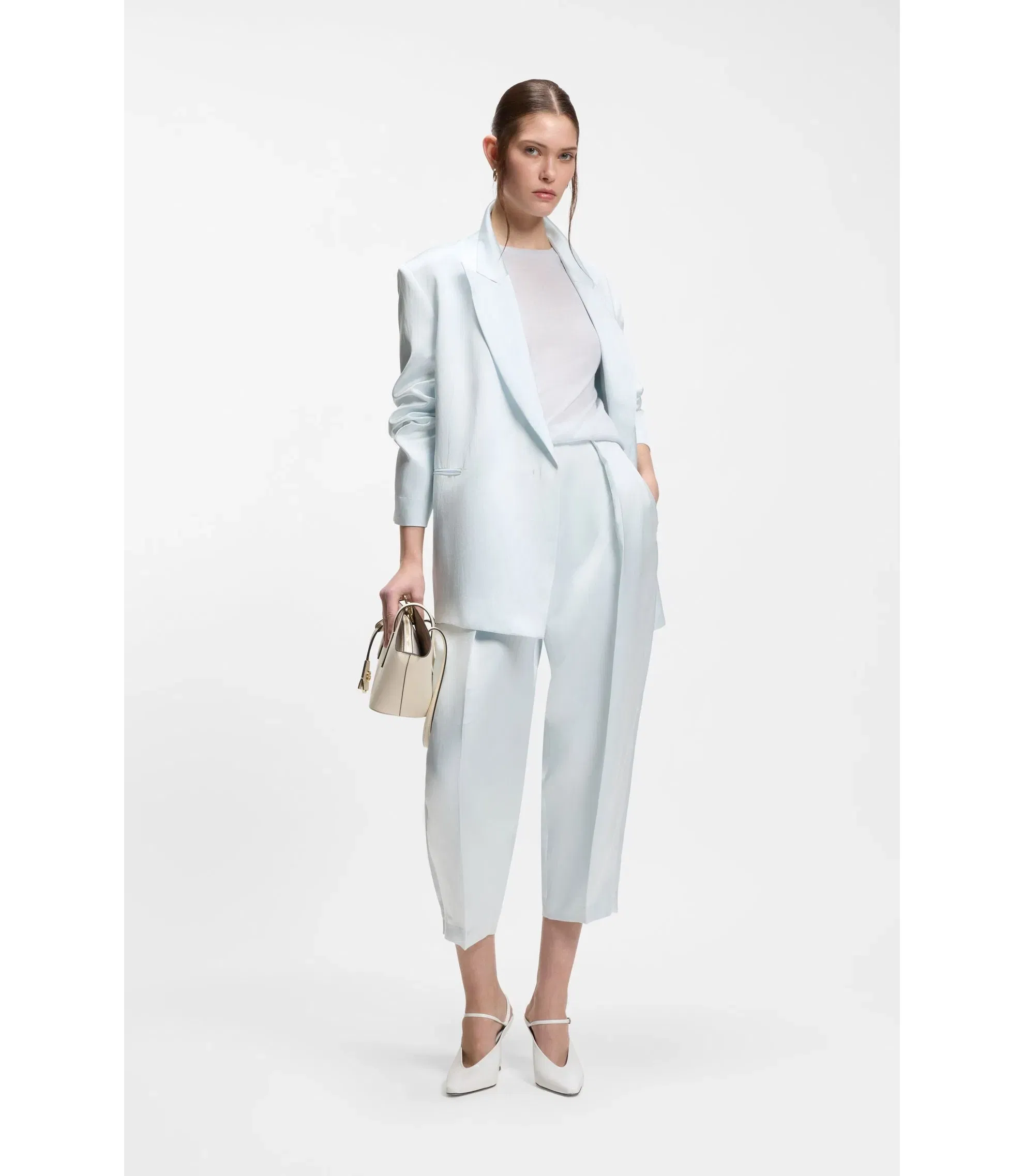 Boss Relaxed Fit Trousers In Soft Sateen Light Blue Women's