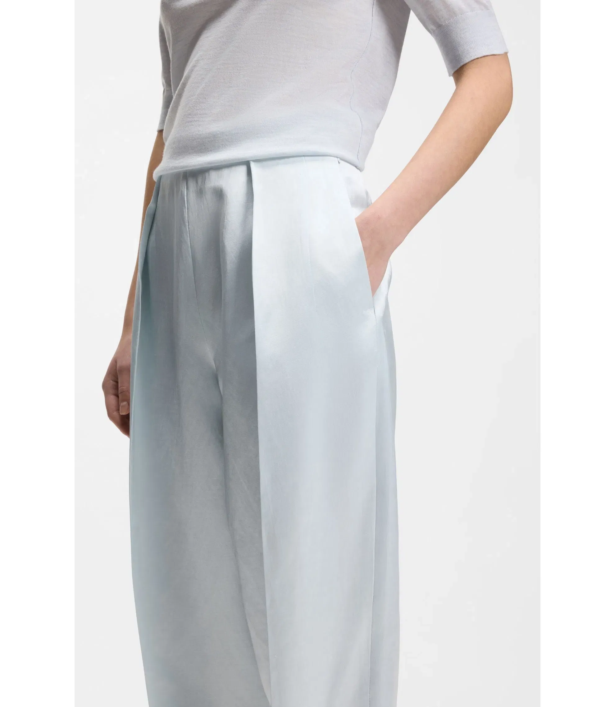 Boss Relaxed Fit Trousers In Soft Sateen Light Blue Women's