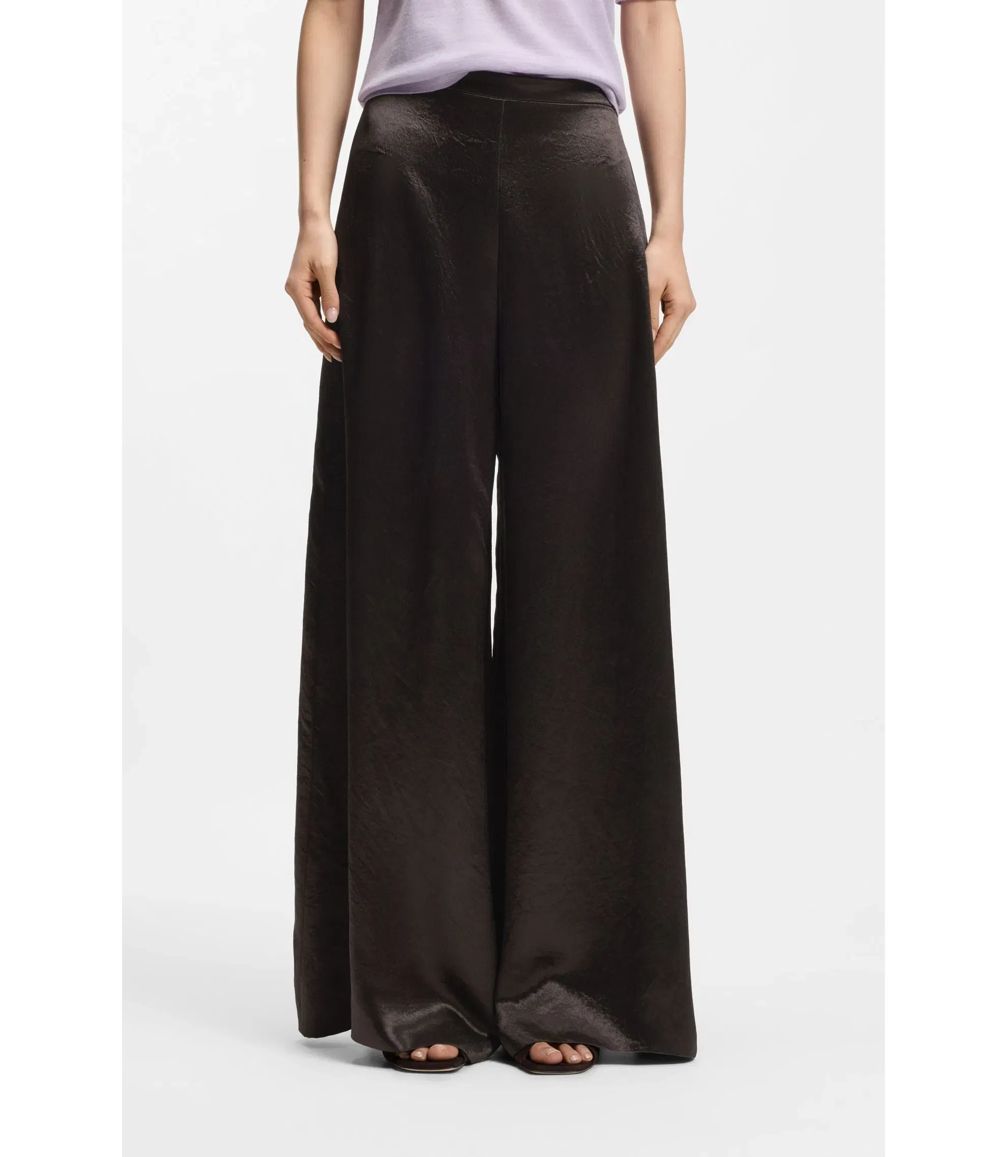 Boss Relaxed Fit Trousers In Lustrous Twill Dark Brown Women's
