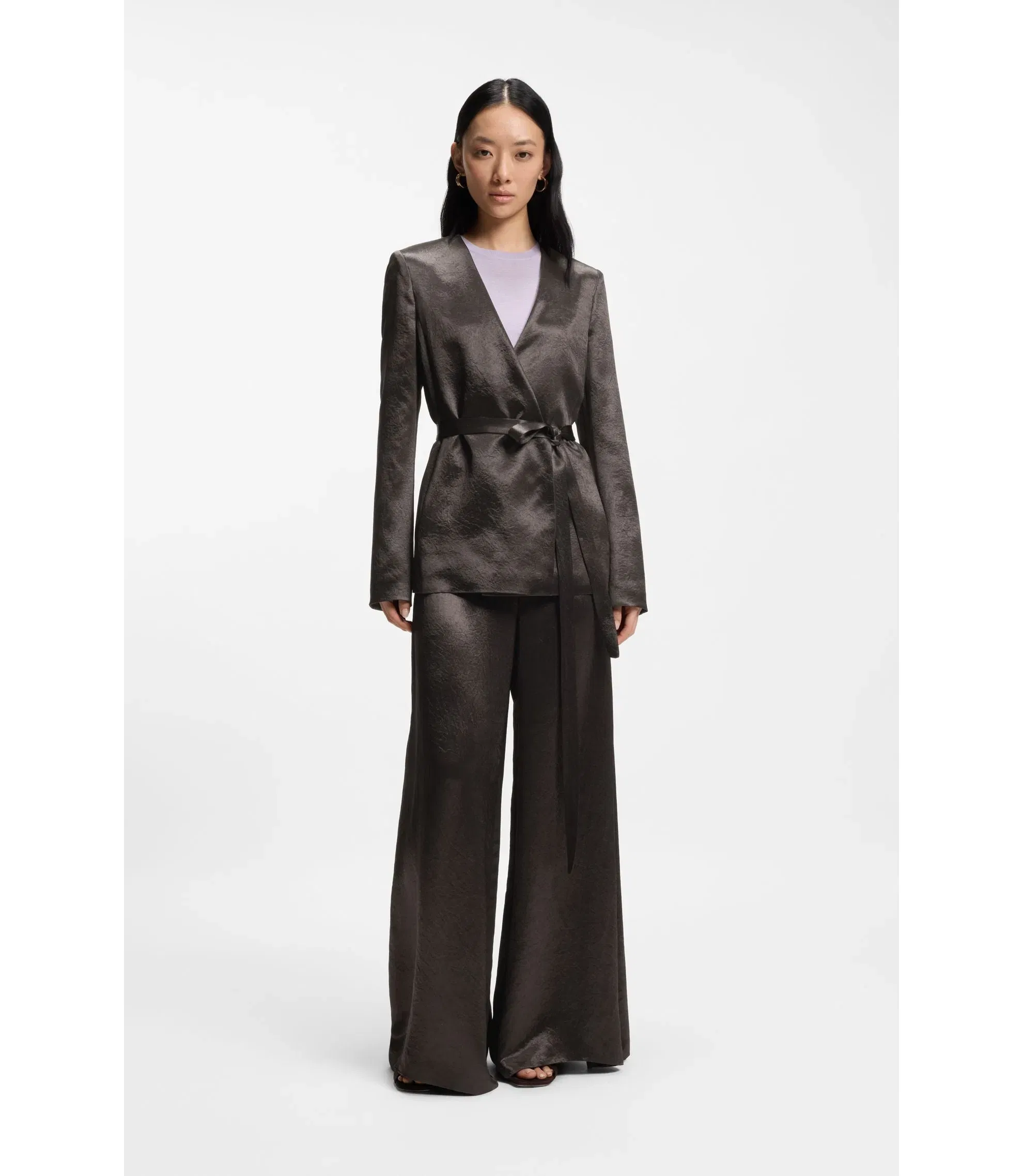 Boss Relaxed Fit Trousers In Lustrous Twill Dark Brown Women's