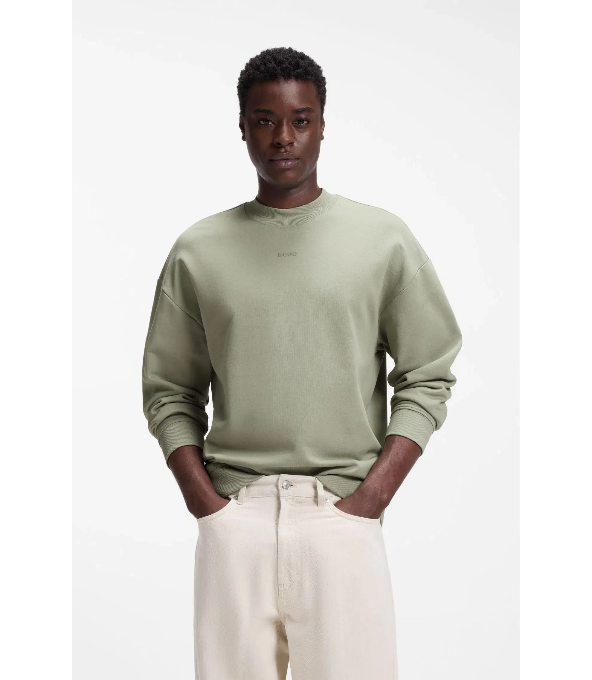 Hugo Relaxed Fit Sweatshirt In Cotton Terry With Logo Detail Light Green