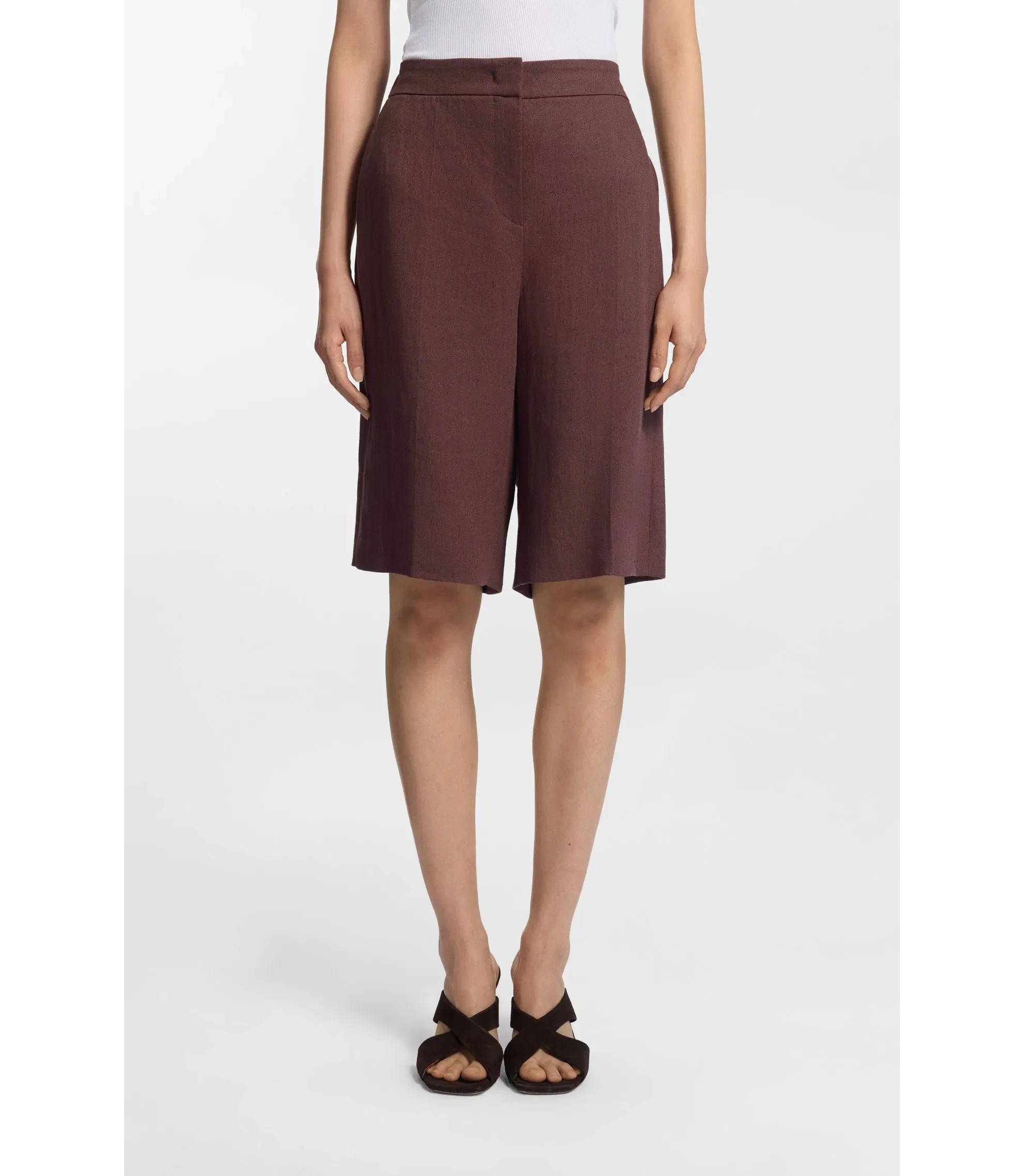 Boss Relaxed Fit Shorts In A Linen Blend Dark Brown Women's