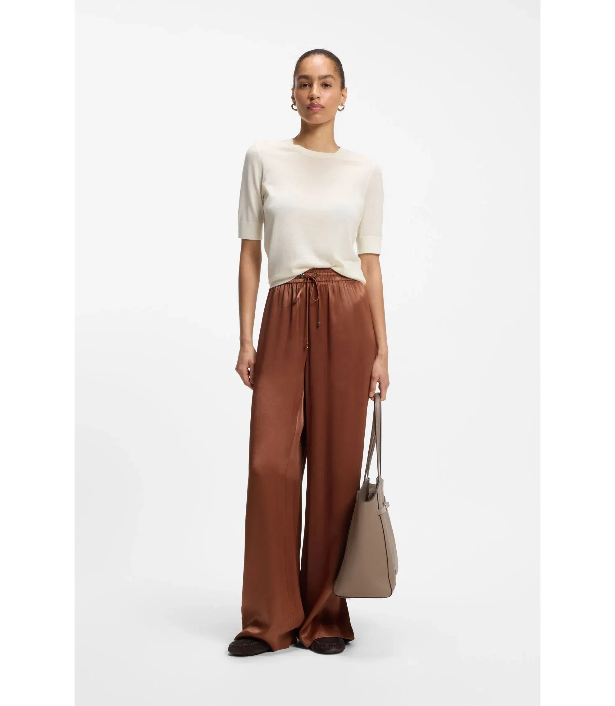 Boss Relaxed Fit Pants In Satin Brown Women's