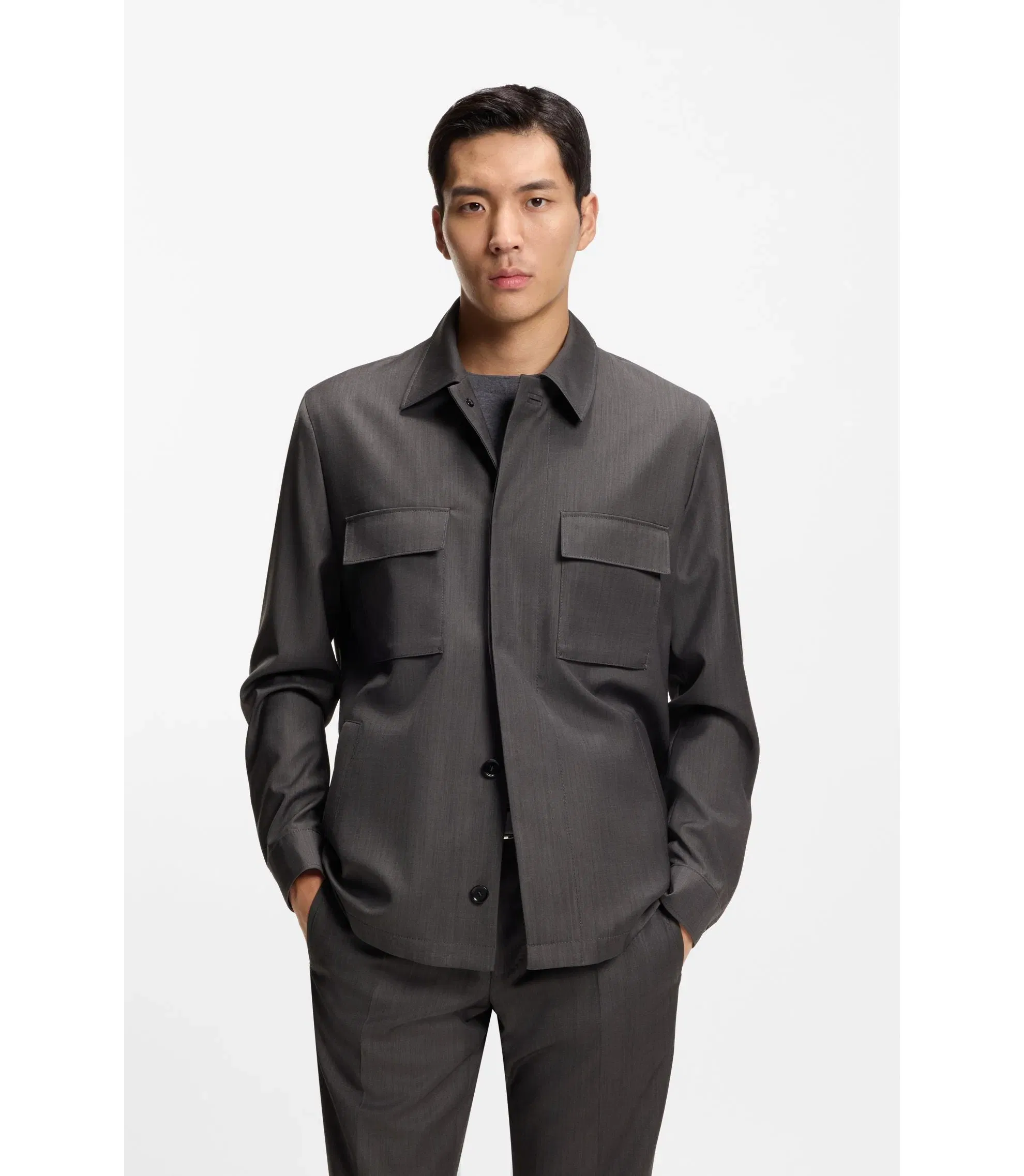 Boss Relaxed Fit Overshirt In Water Repellent Wool Black