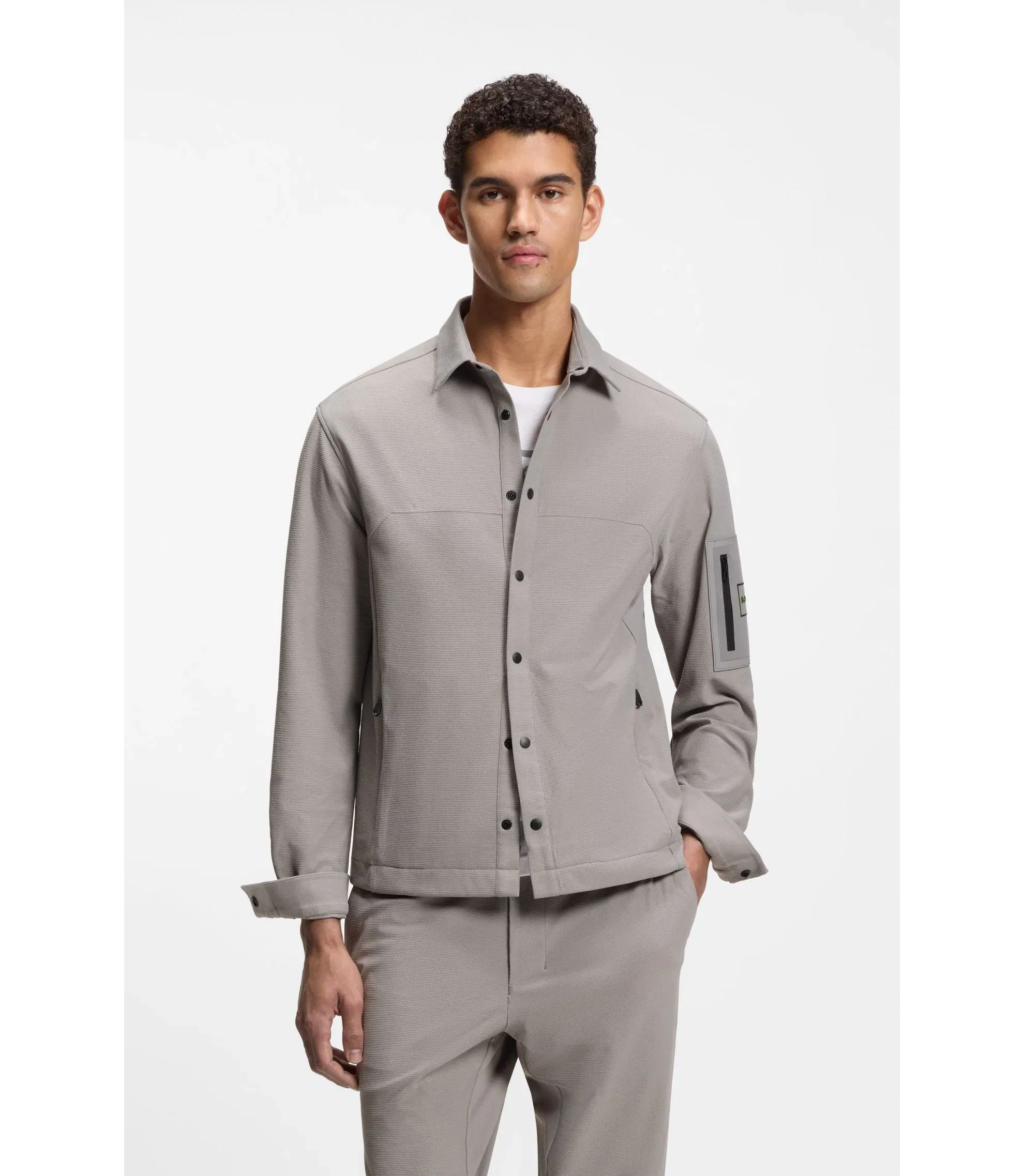 Boss Relaxed Fit Overshirt In Waffle Fabric Light Grey