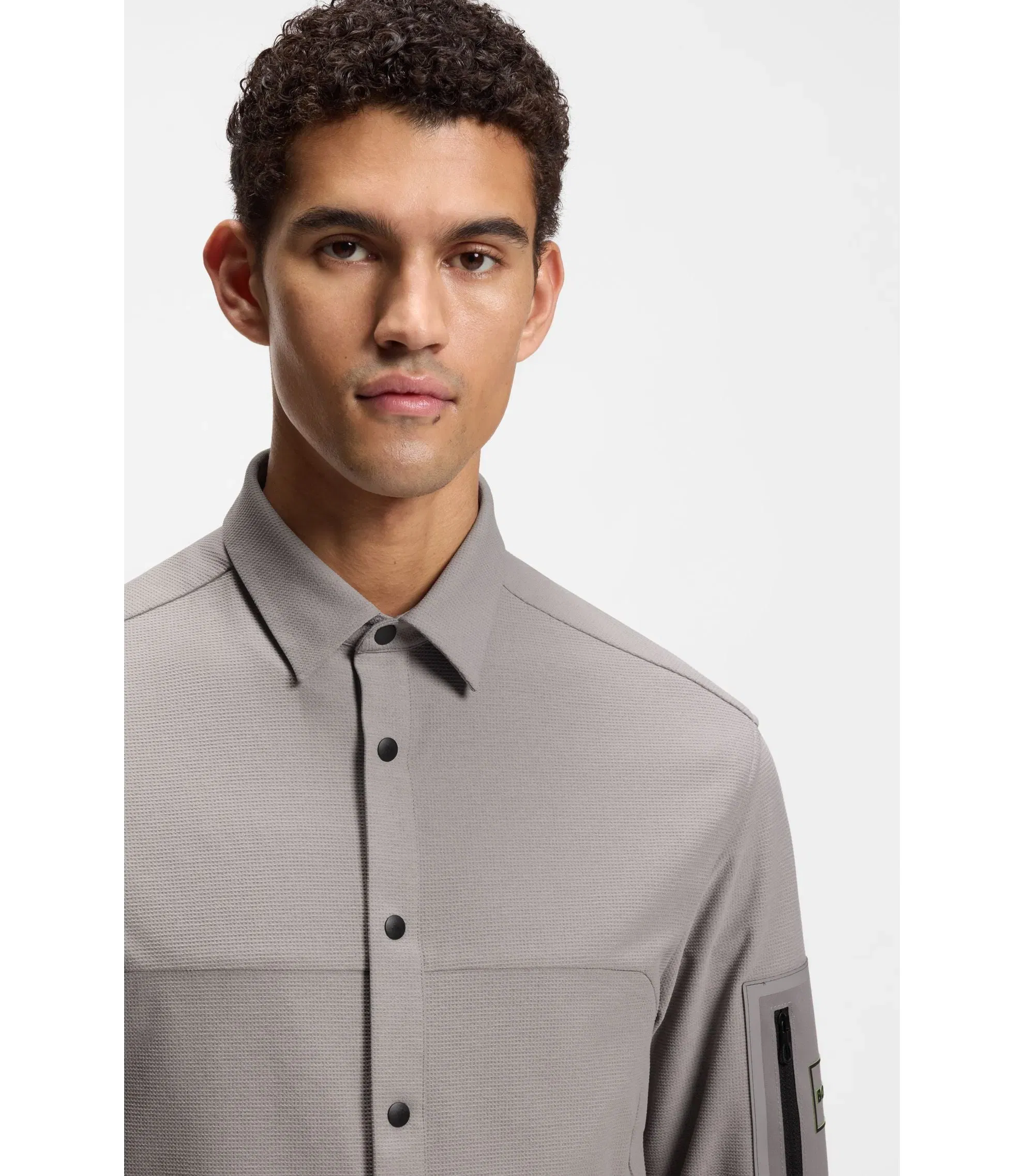 Boss Relaxed Fit Overshirt In Waffle Fabric Light Grey