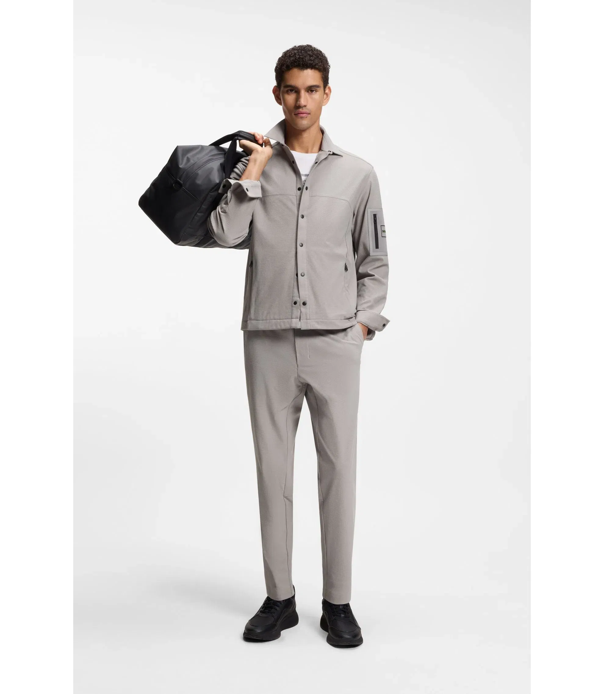 Boss Relaxed Fit Overshirt In Waffle Fabric Light Grey