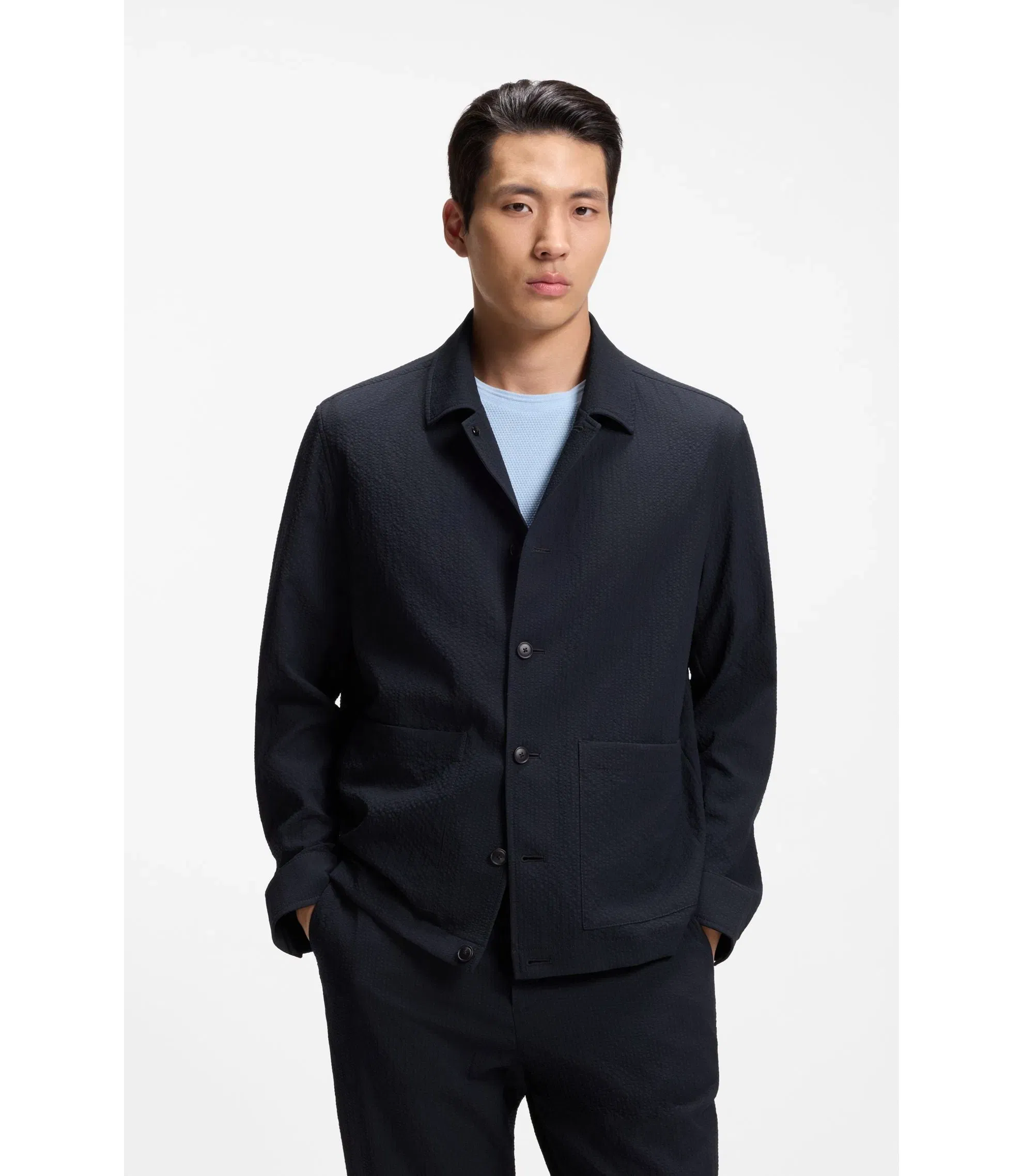 Boss Relaxed Fit Overshirt In Performance Seersucker Dark Blue