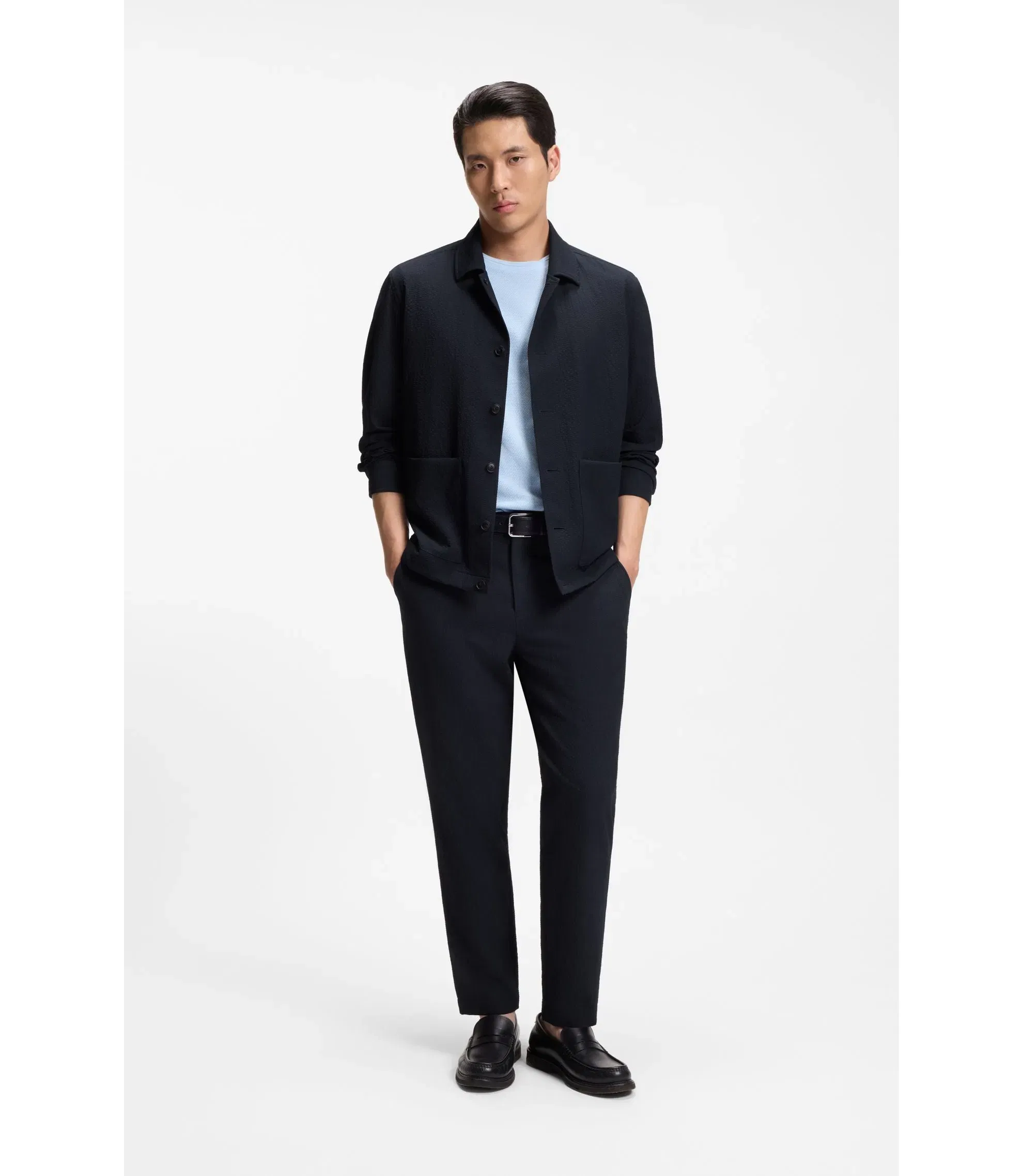Boss Relaxed Fit Overshirt In Performance Seersucker Dark Blue
