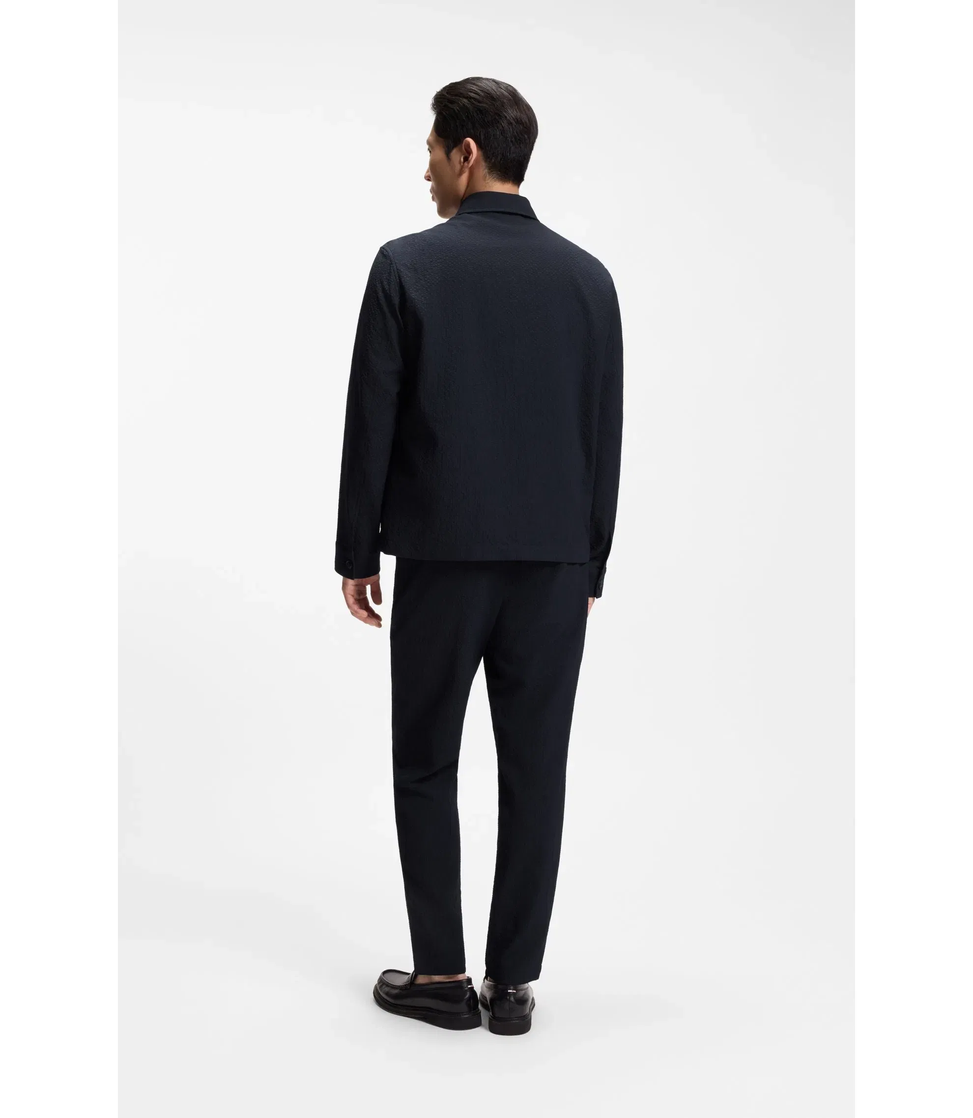 Boss Relaxed Fit Overshirt In Performance Seersucker Dark Blue