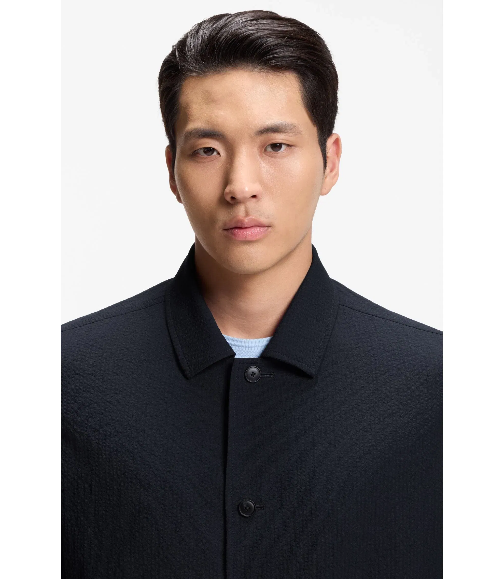 Boss Relaxed Fit Overshirt In Performance Seersucker Dark Blue