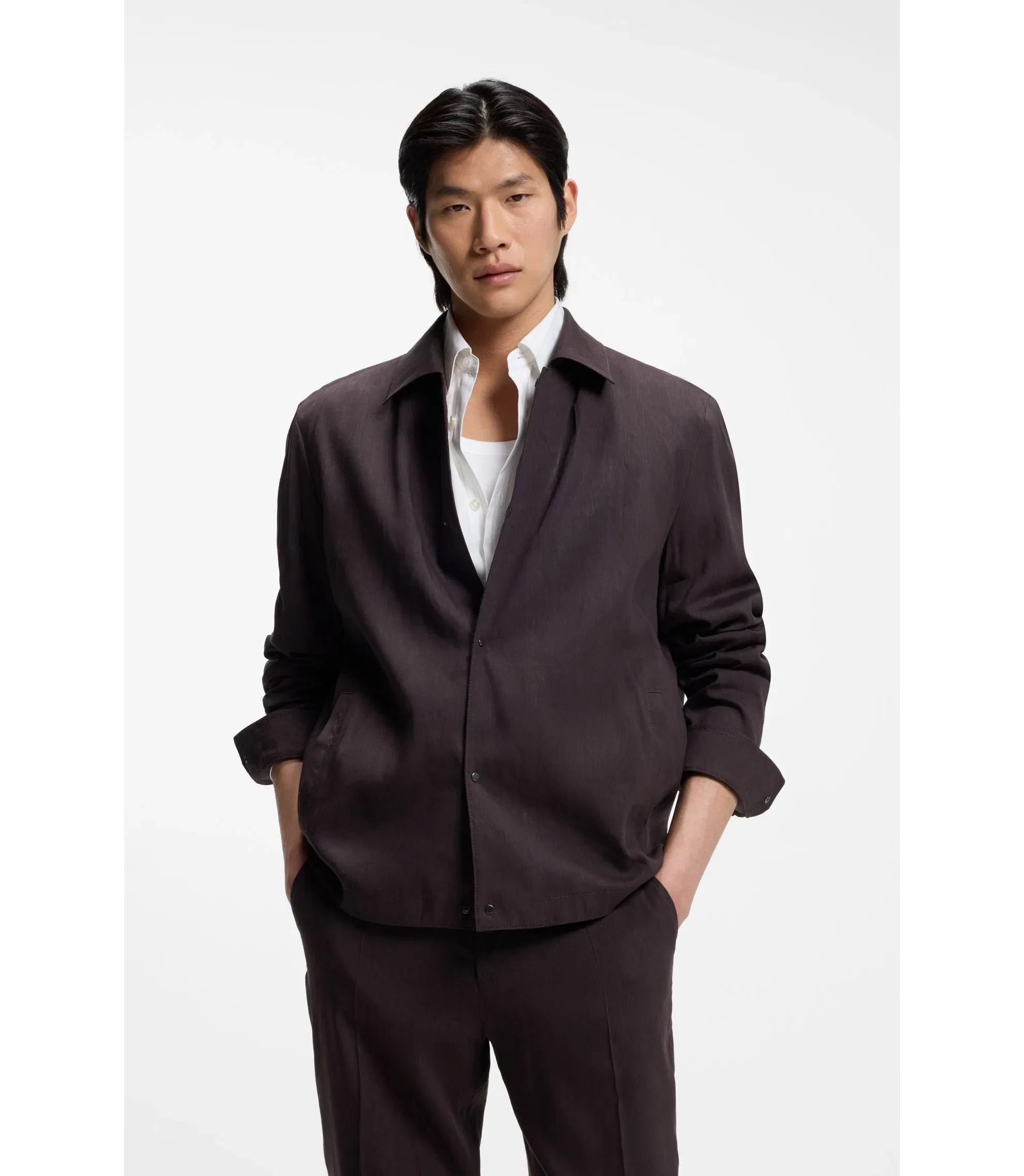 Boss Relaxed Fit Overshirt In A Linen Blend Dark Brown