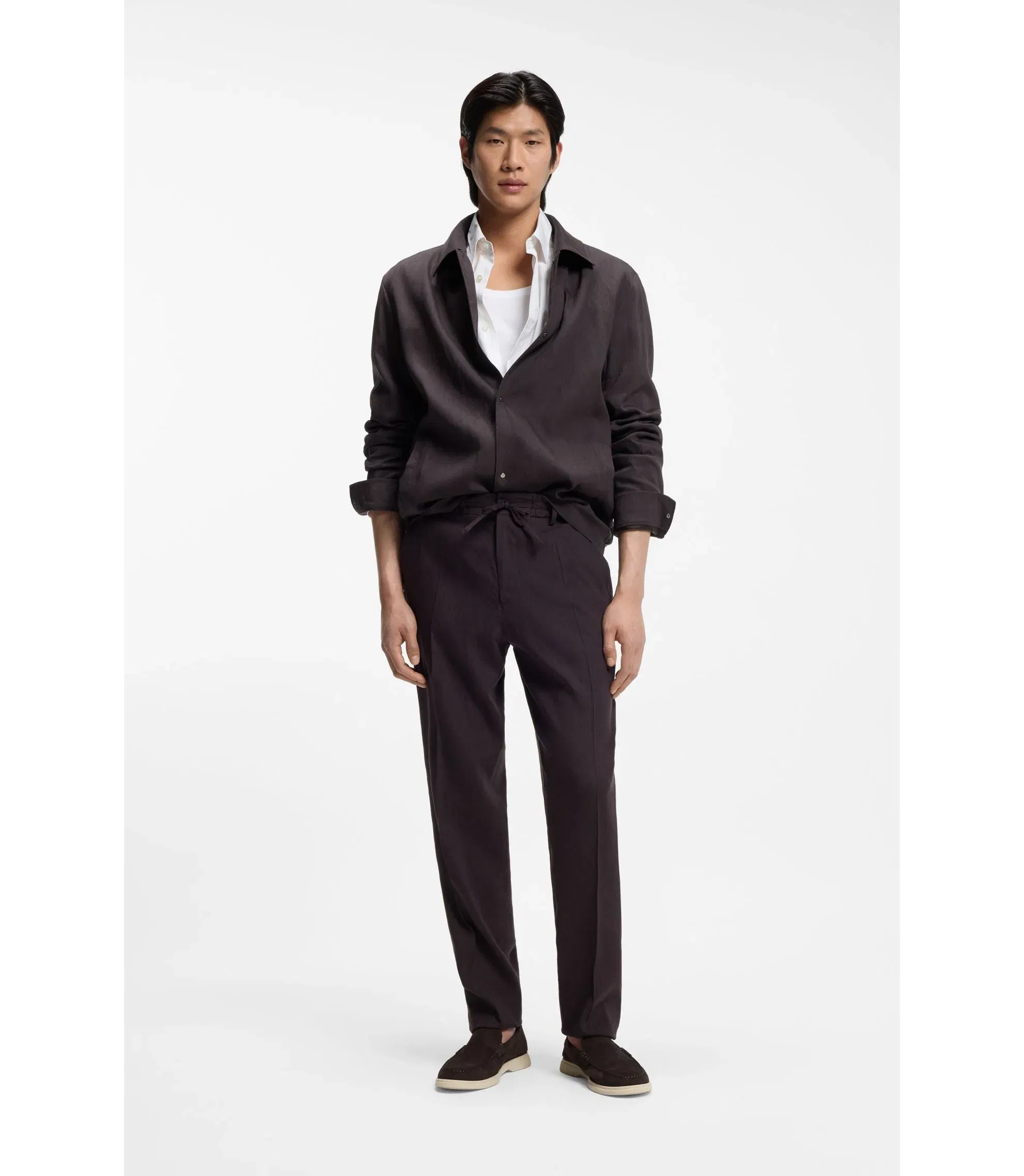 Boss Relaxed Fit Overshirt In A Linen Blend Dark Brown