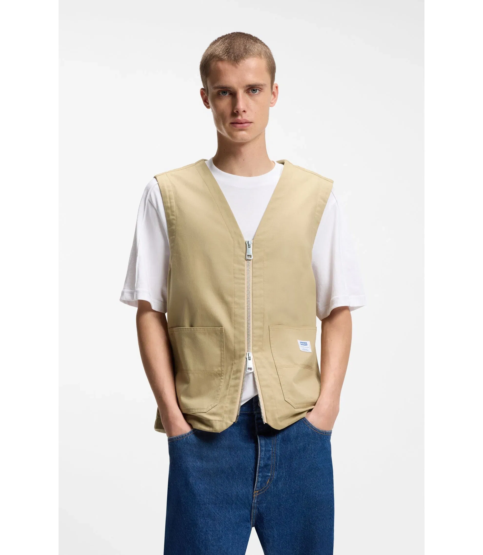 Hugo Relaxed Fit Gilet In Mercerized Cotton Beige