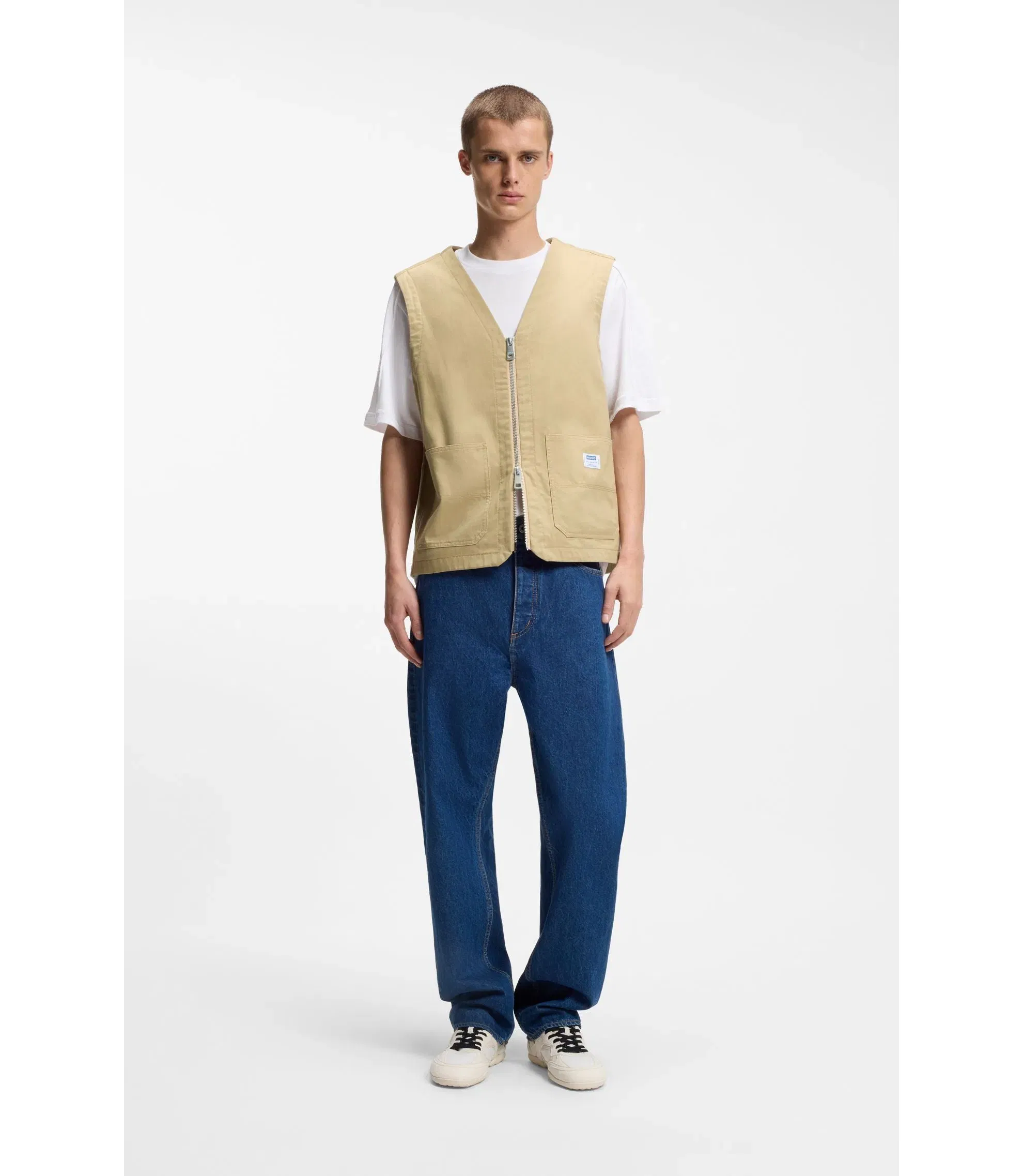 Hugo Relaxed Fit Gilet In Mercerized Cotton Beige