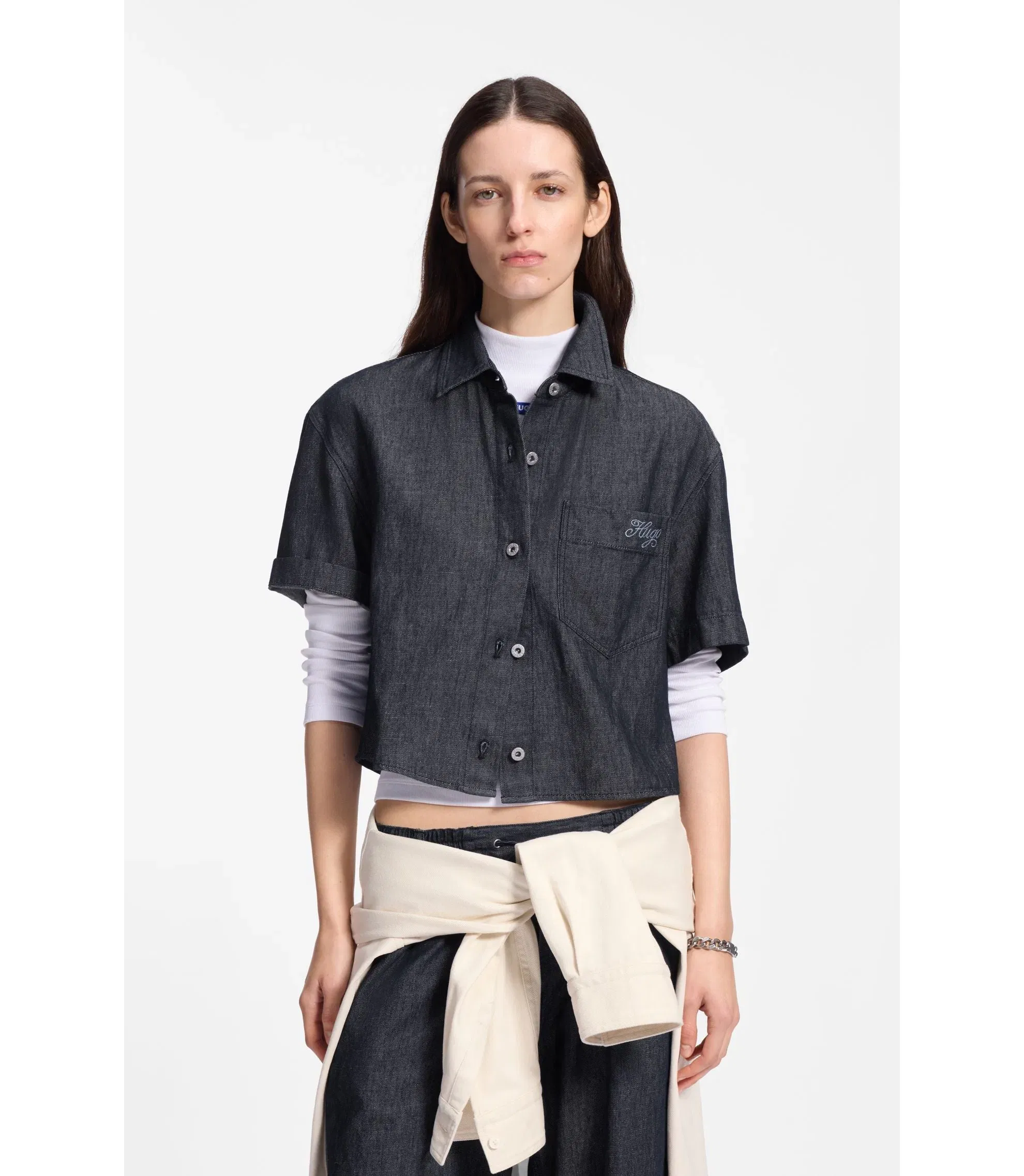 Hugo Relaxed Fit Cropped Blouse In Lightweight Denim Dark Blue Women's