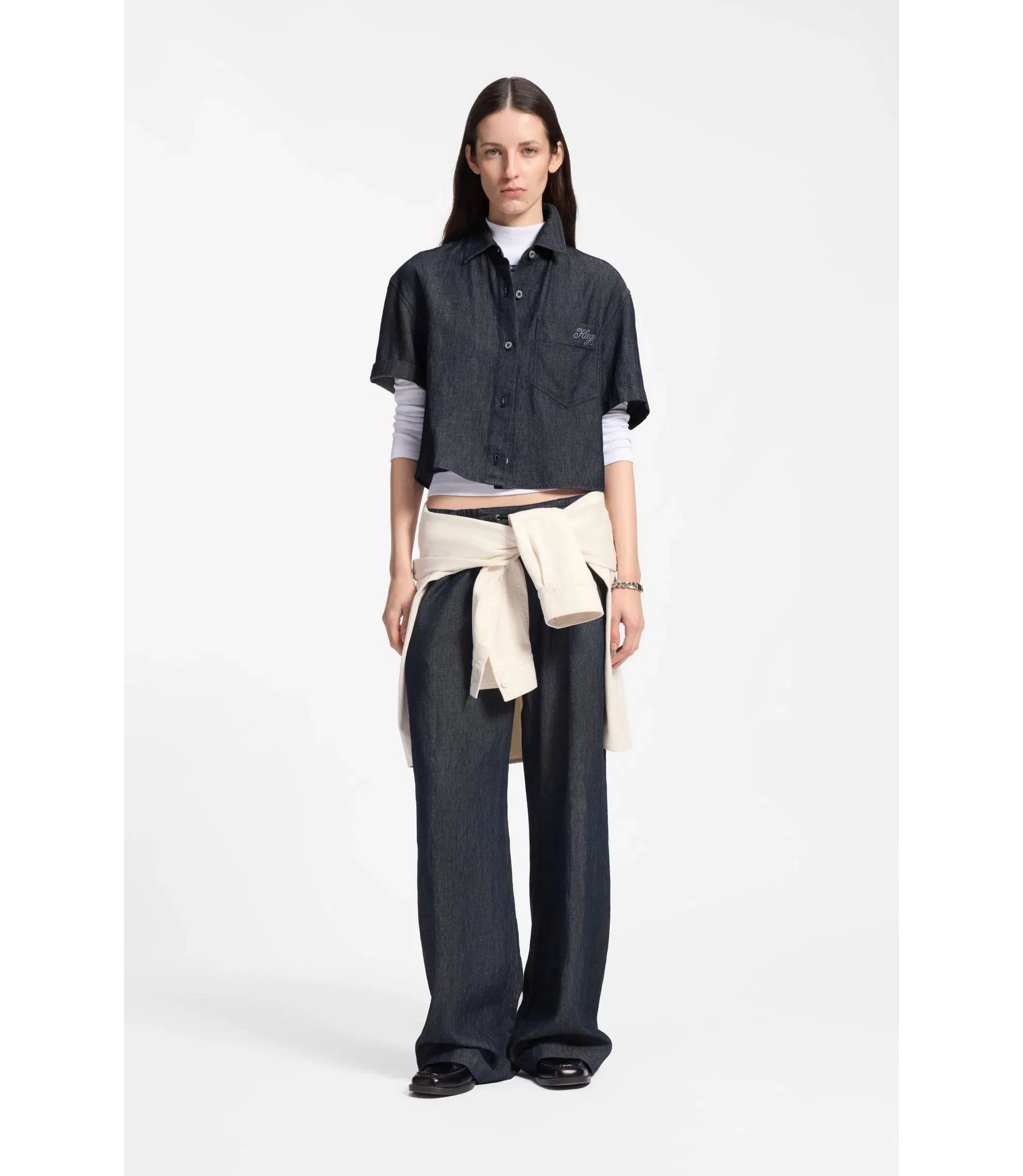 Hugo Relaxed Fit Cropped Blouse In Lightweight Denim Dark Blue Women's