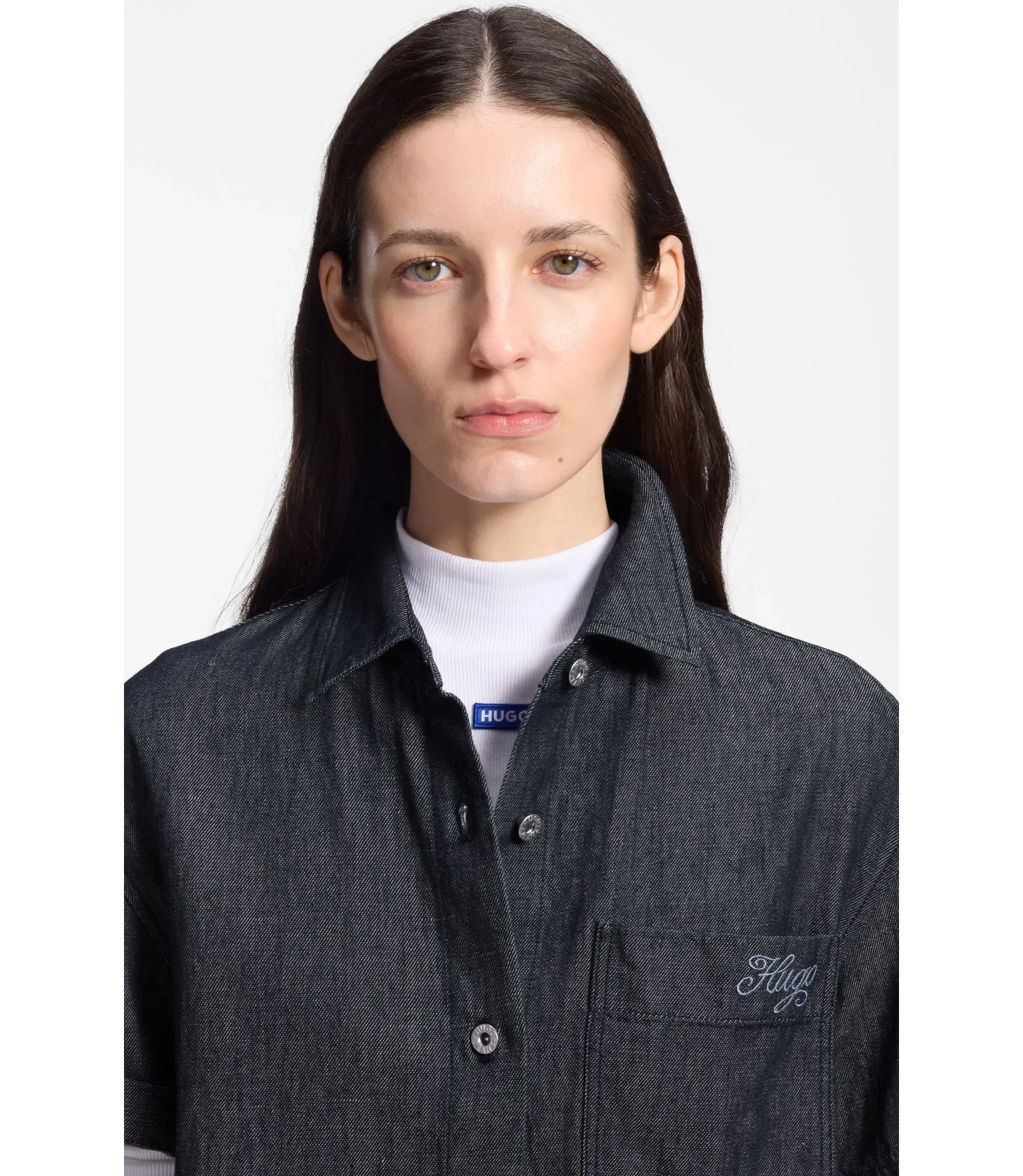 Hugo Relaxed Fit Cropped Blouse In Lightweight Denim Dark Blue Women's
