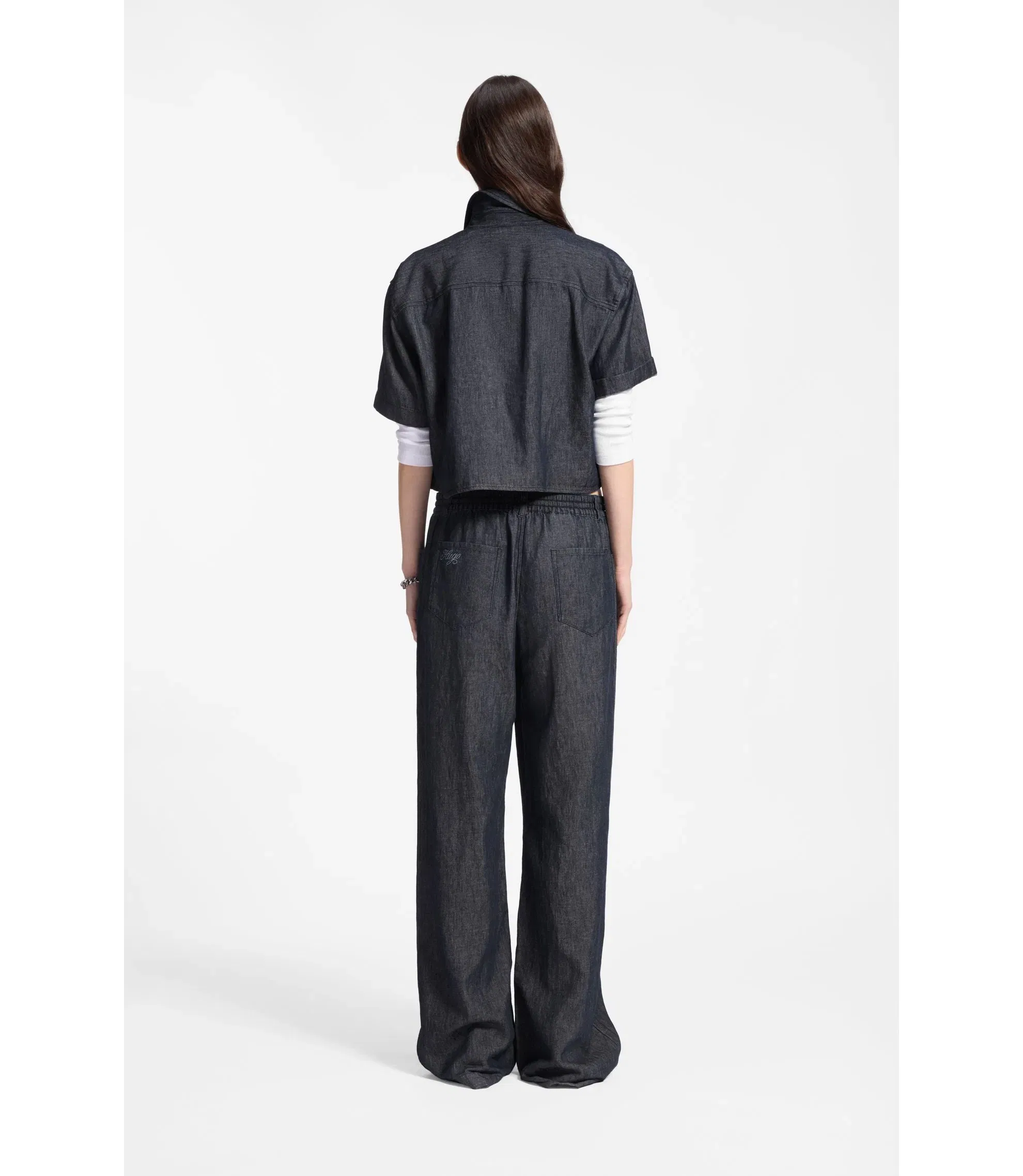 Hugo Relaxed Fit Cropped Blouse In Lightweight Denim Dark Blue Women's