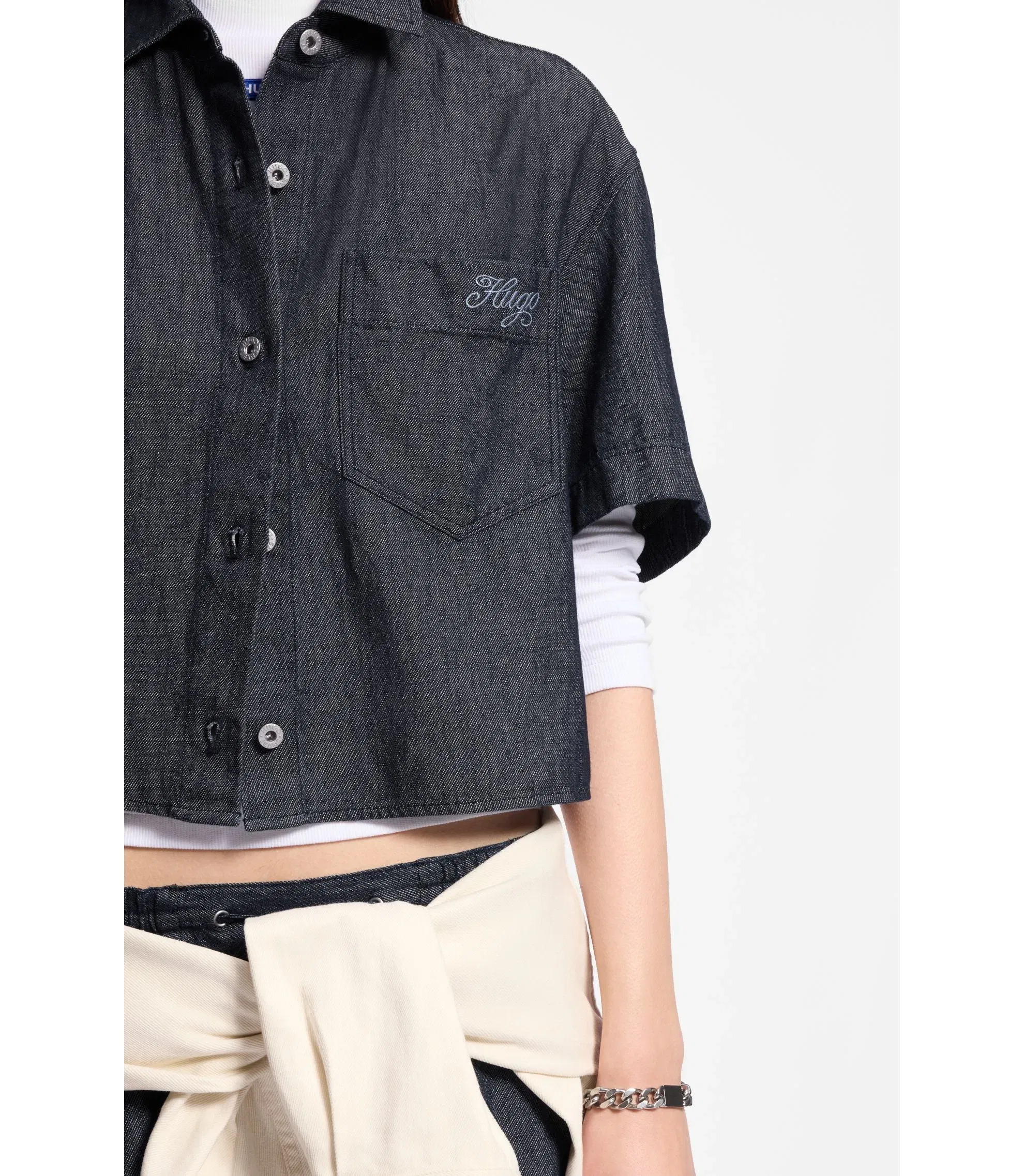 Hugo Relaxed Fit Cropped Blouse In Lightweight Denim Dark Blue Women's