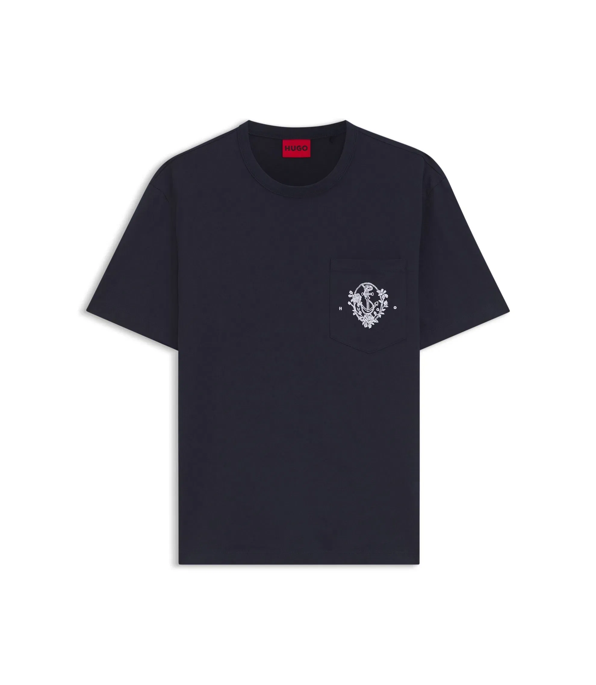 Hugo Relaxed Fit Cotton T-Shirt With Anchor Pocket Print Dark Blue