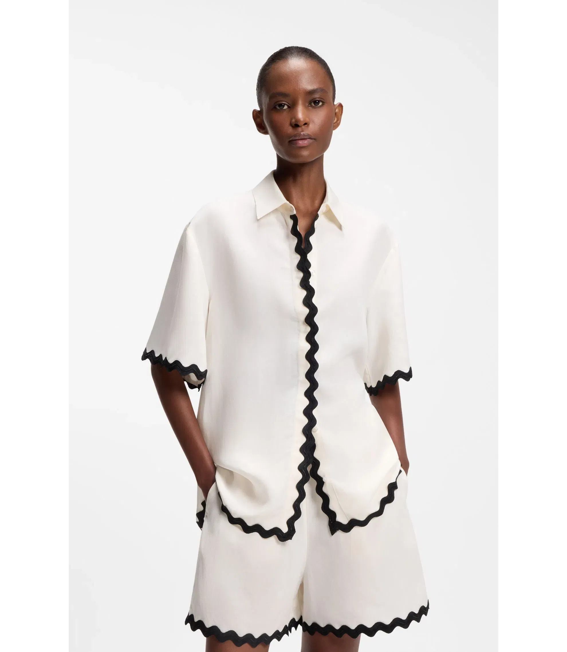 Hugo Relaxed Fit Blouse With Contrast Zigzag Tape White Women's