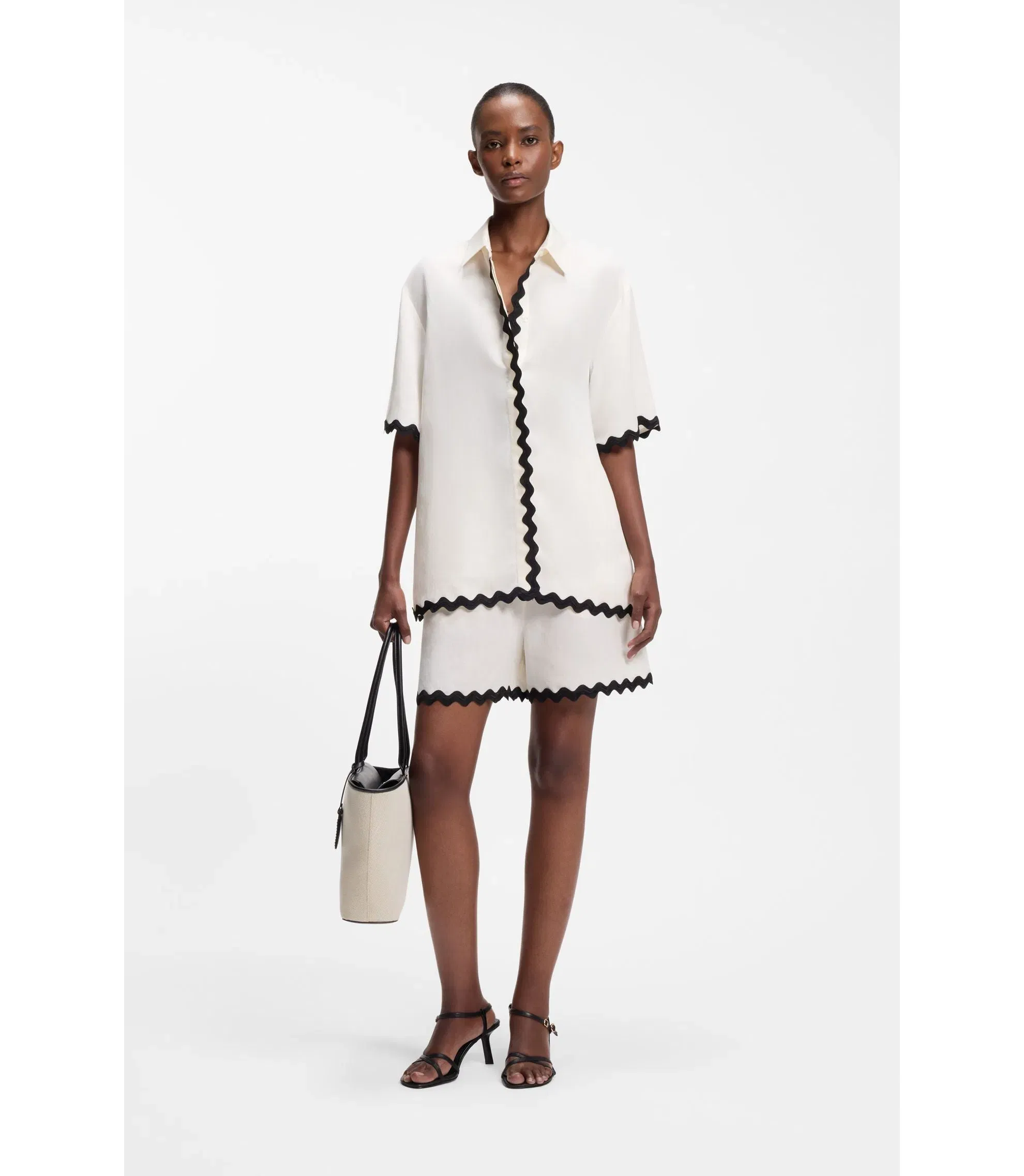 Hugo Relaxed Fit Blouse With Contrast Zigzag Tape White Women's