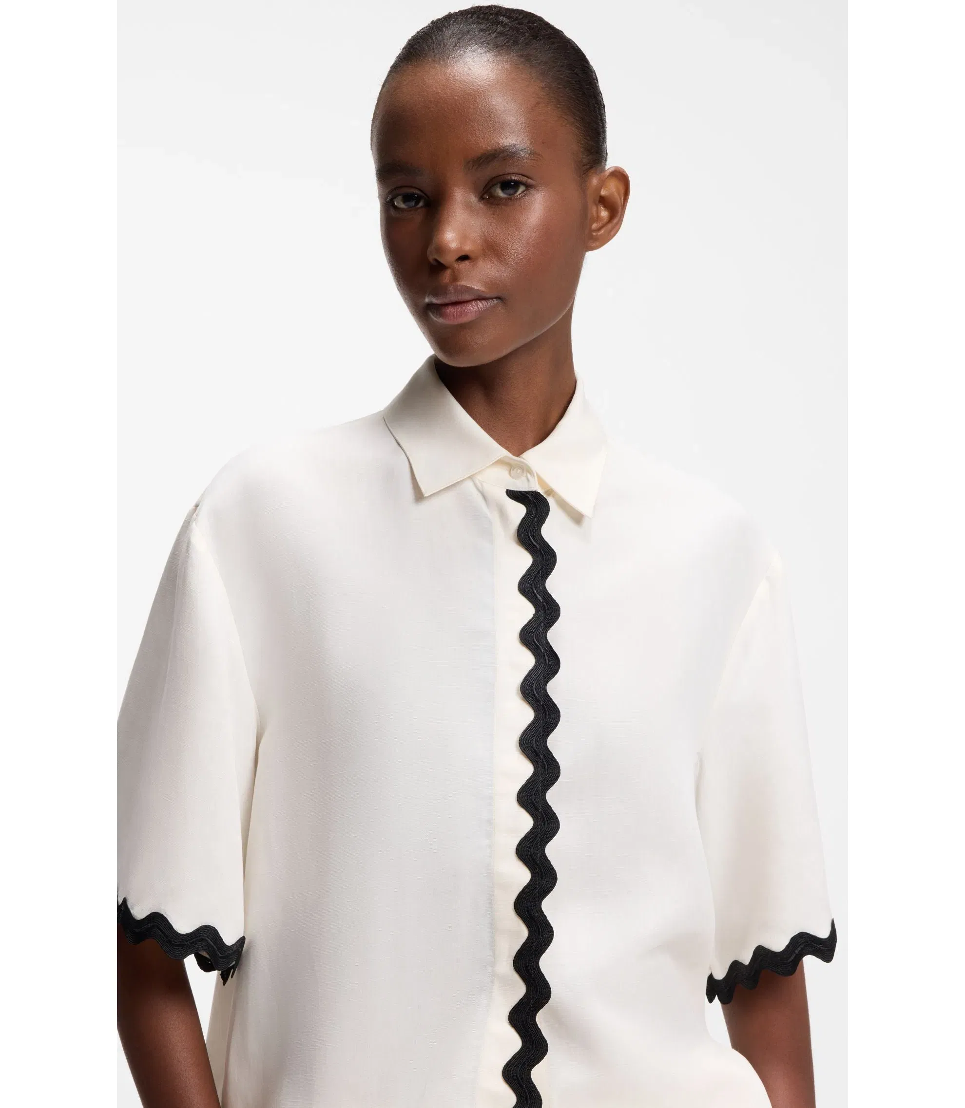 Hugo Relaxed Fit Blouse With Contrast Zigzag Tape White Women's