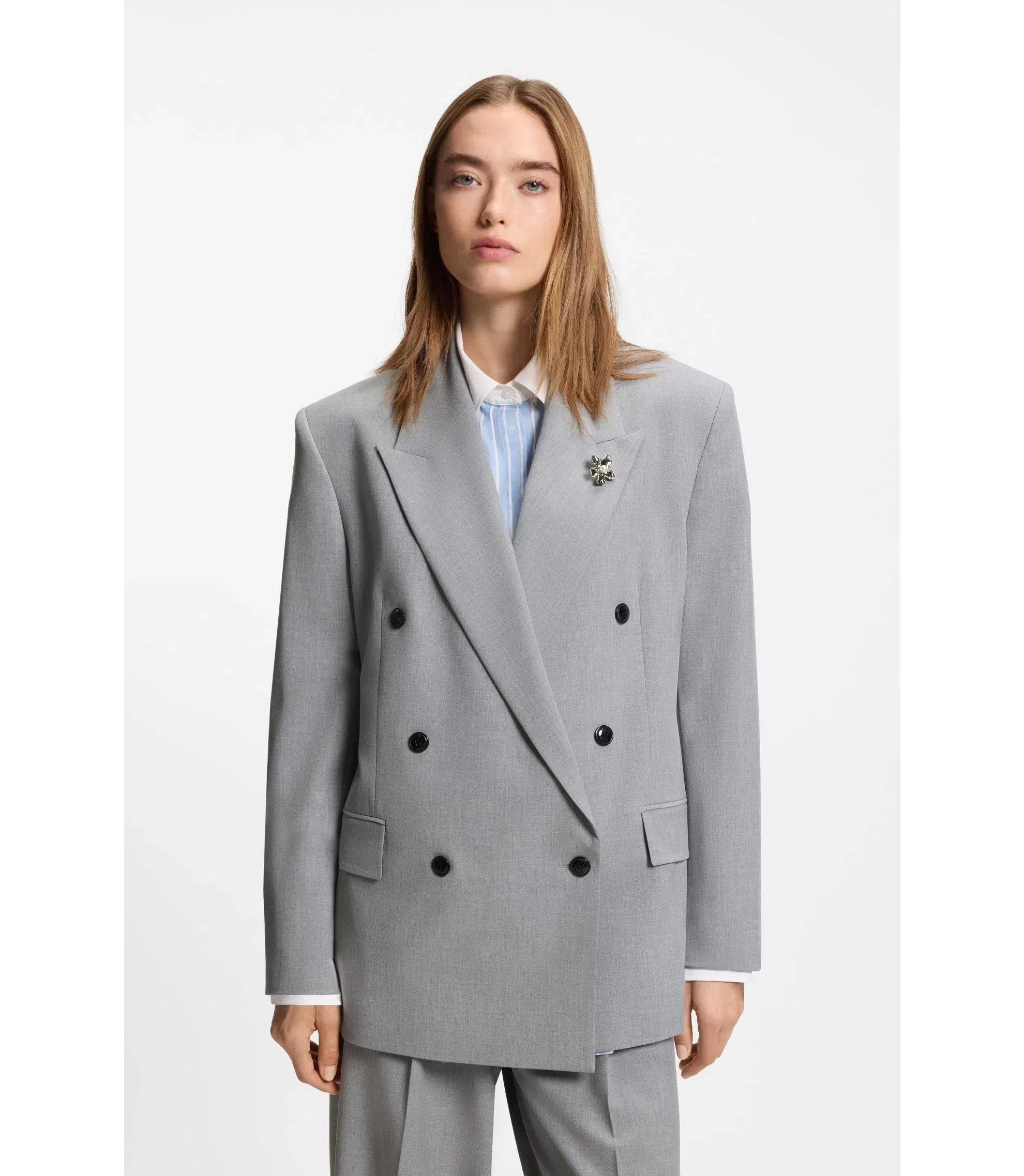 Hugo Relaxed Fit Blazer With Enamel Flower Brooch Light Grey Women's
