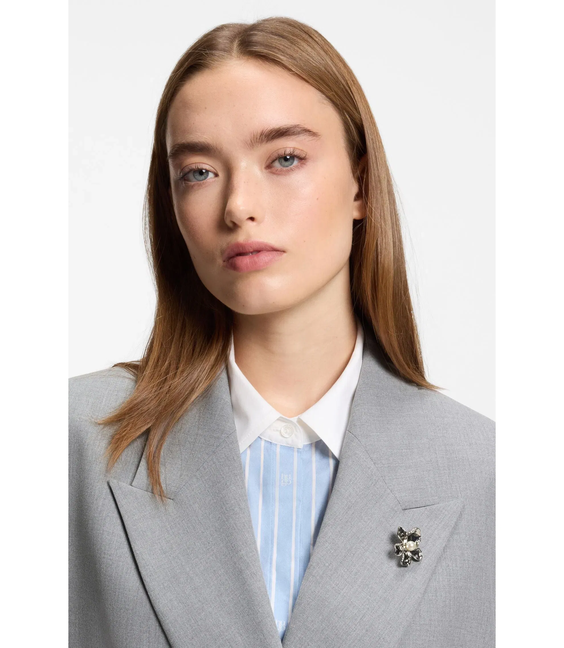 Hugo Relaxed Fit Blazer With Enamel Flower Brooch Light Grey Women's