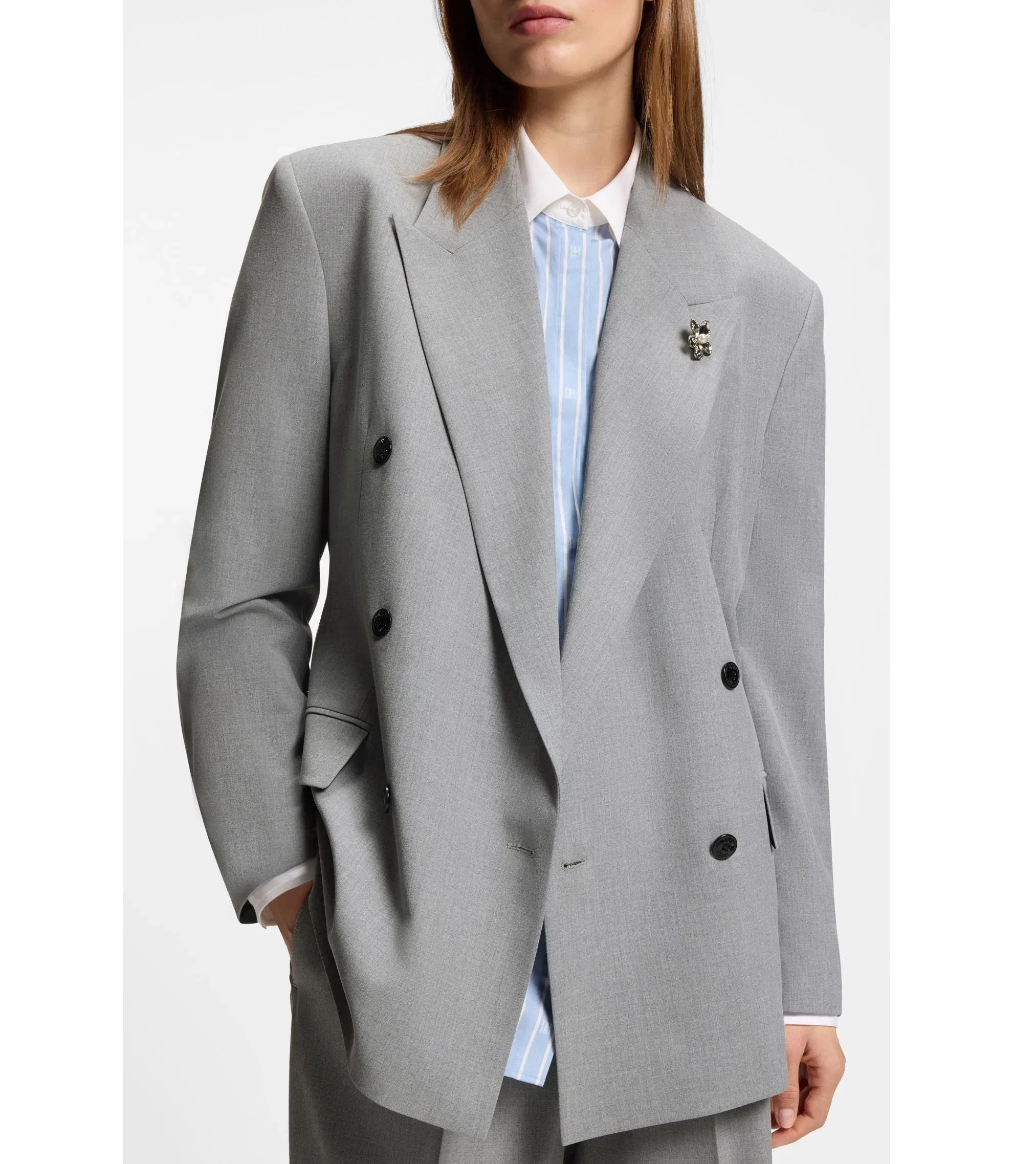 Hugo Relaxed Fit Blazer With Enamel Flower Brooch Light Grey Women's