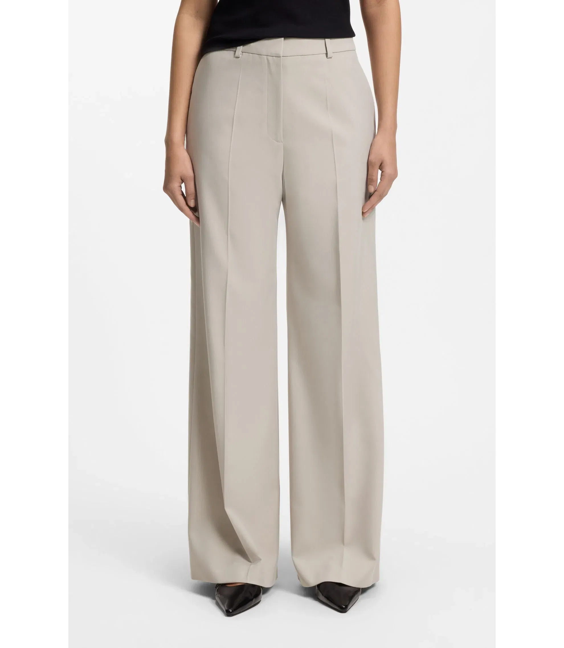 Hugo Regular Fit Wide Leg Pants In Stretch Fabric Light Grey Women's
