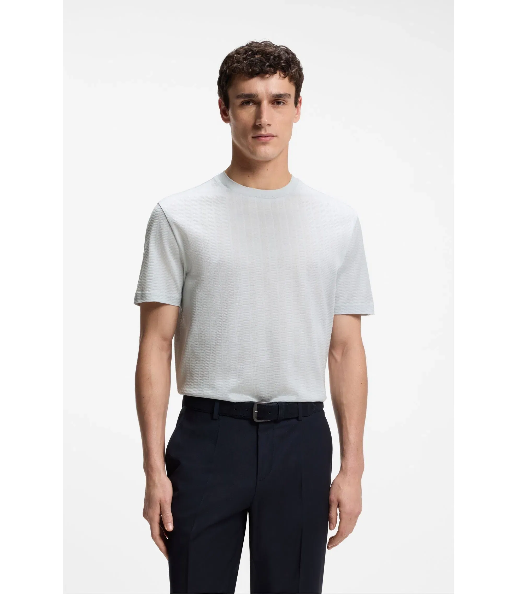 Boss Regular Fit T-Shirt In Cotton With Raised Jacquard Structure Light Blue