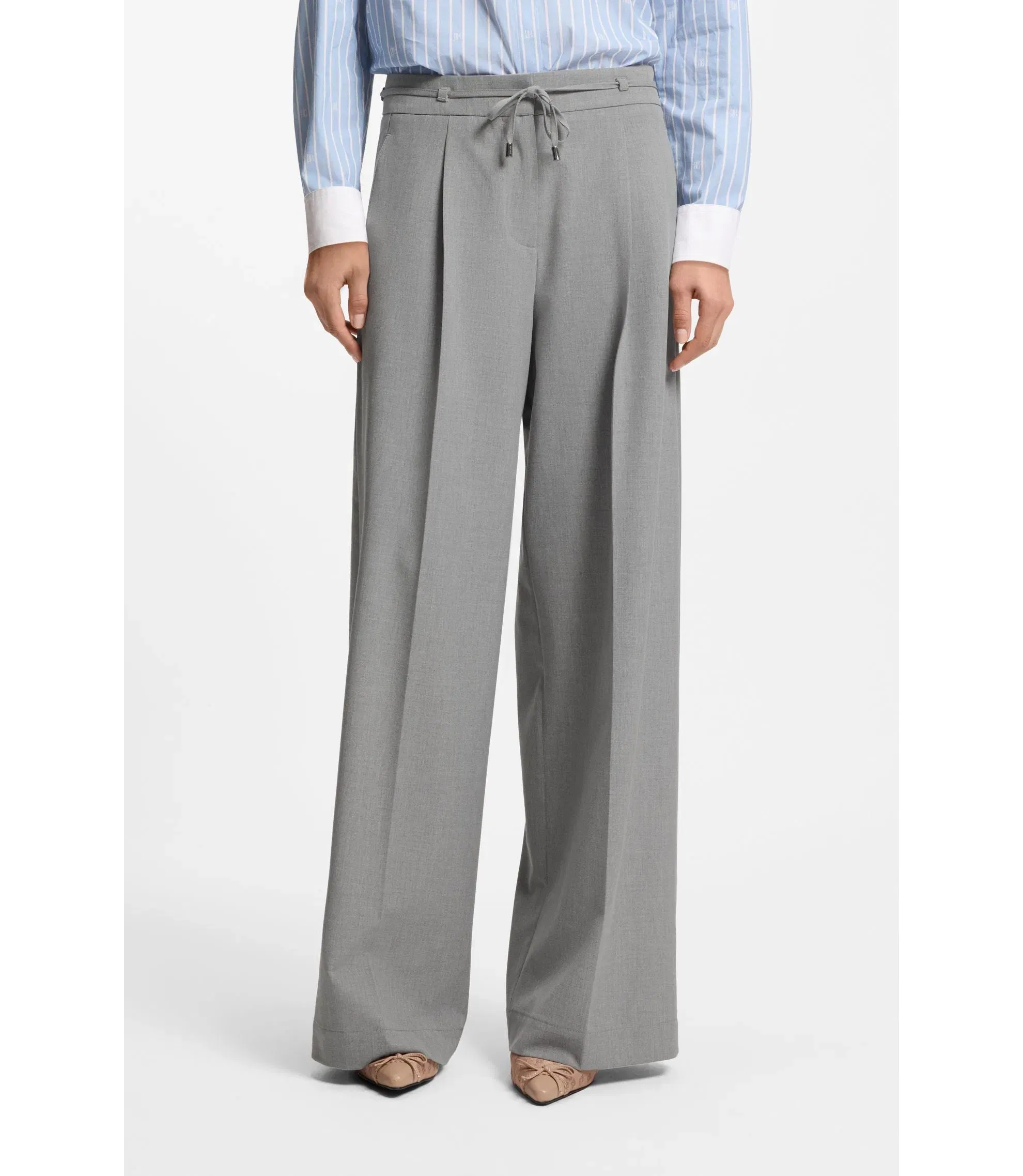 Hugo Regular Fit Trousers With Wide Leg Light Grey Women's