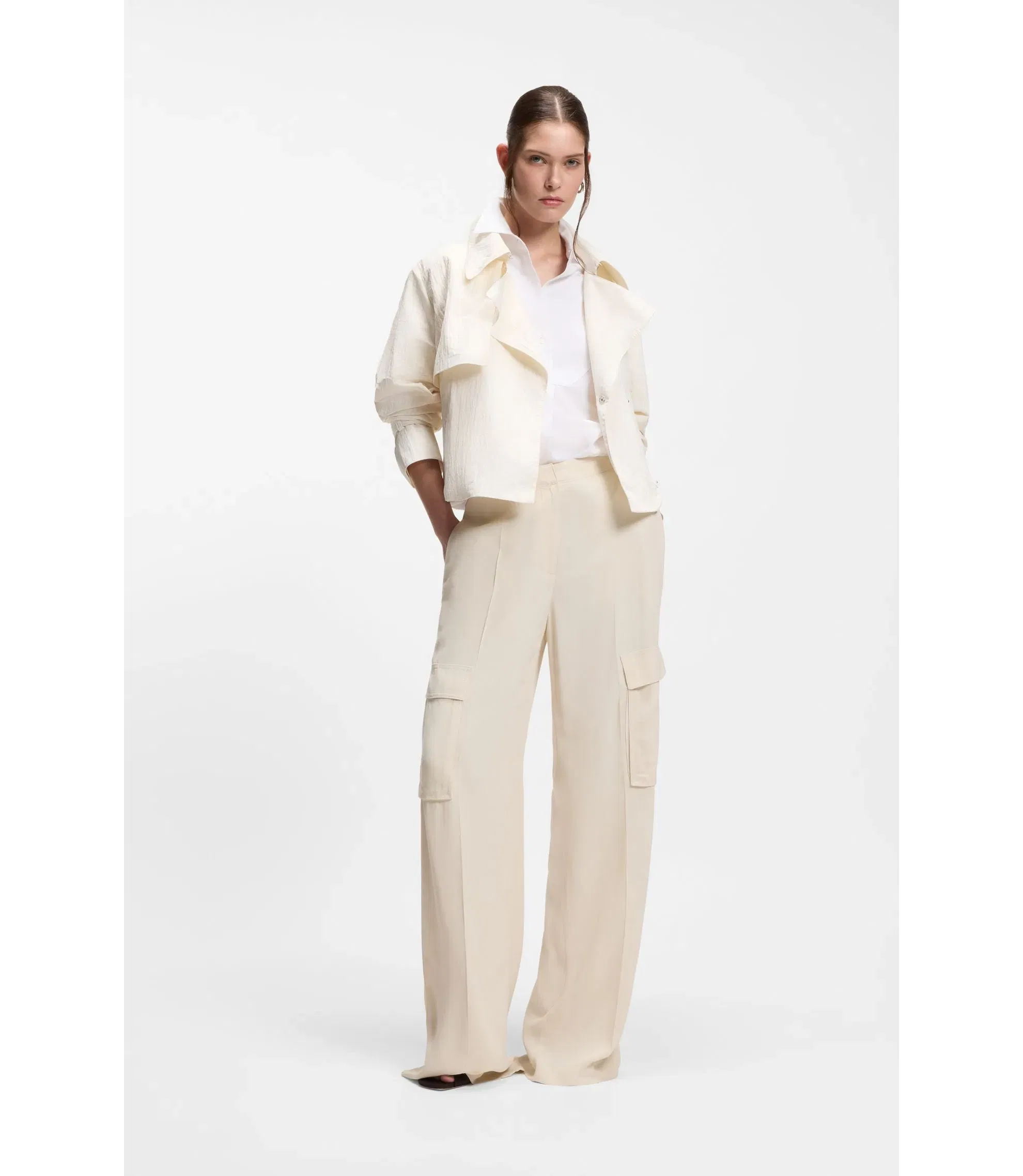 Boss Regular Fit Trousers With Cargo Pockets White Women's