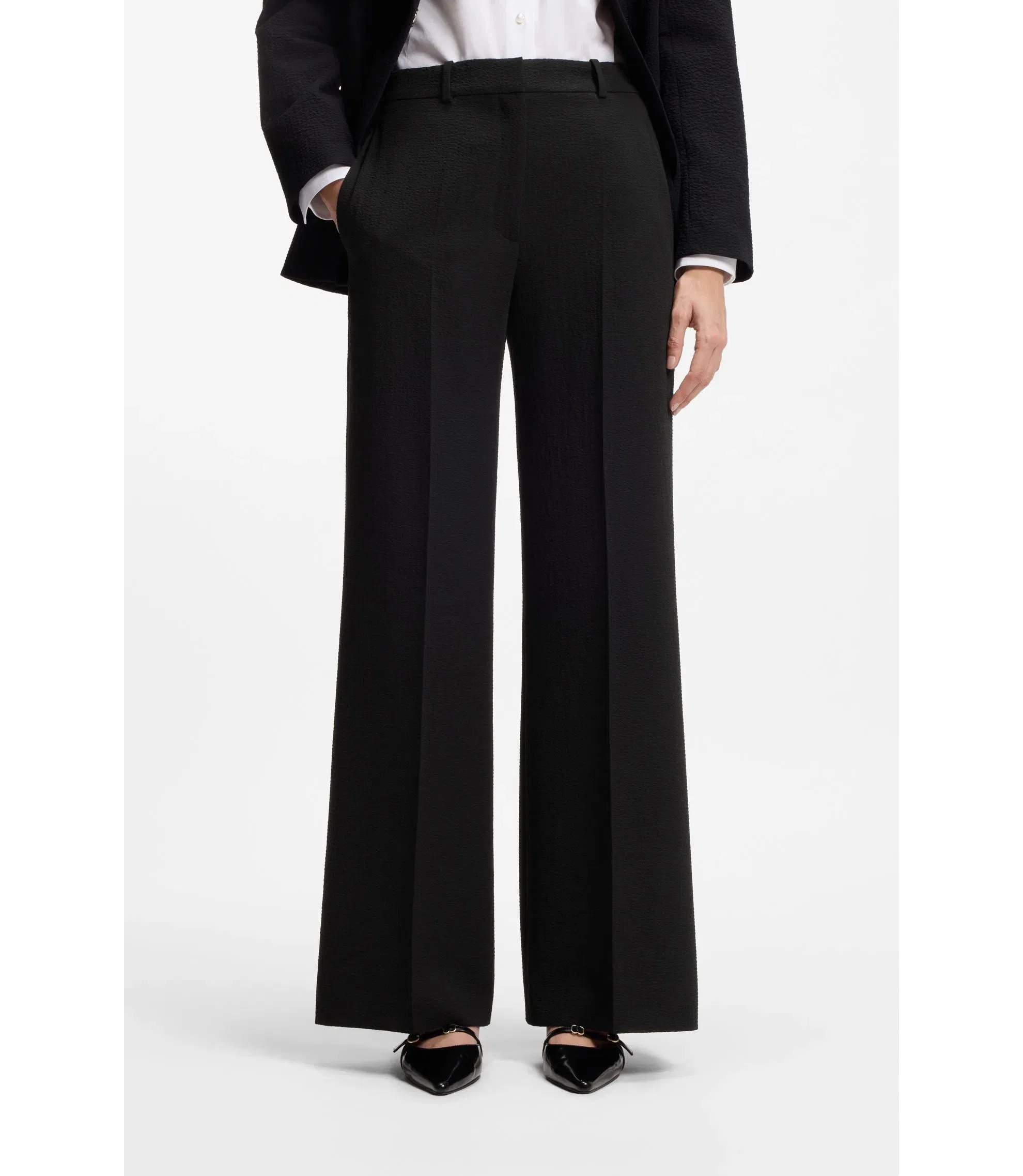 Hugo Regular Fit Trousers In Stretch Seersucker Black Women's
