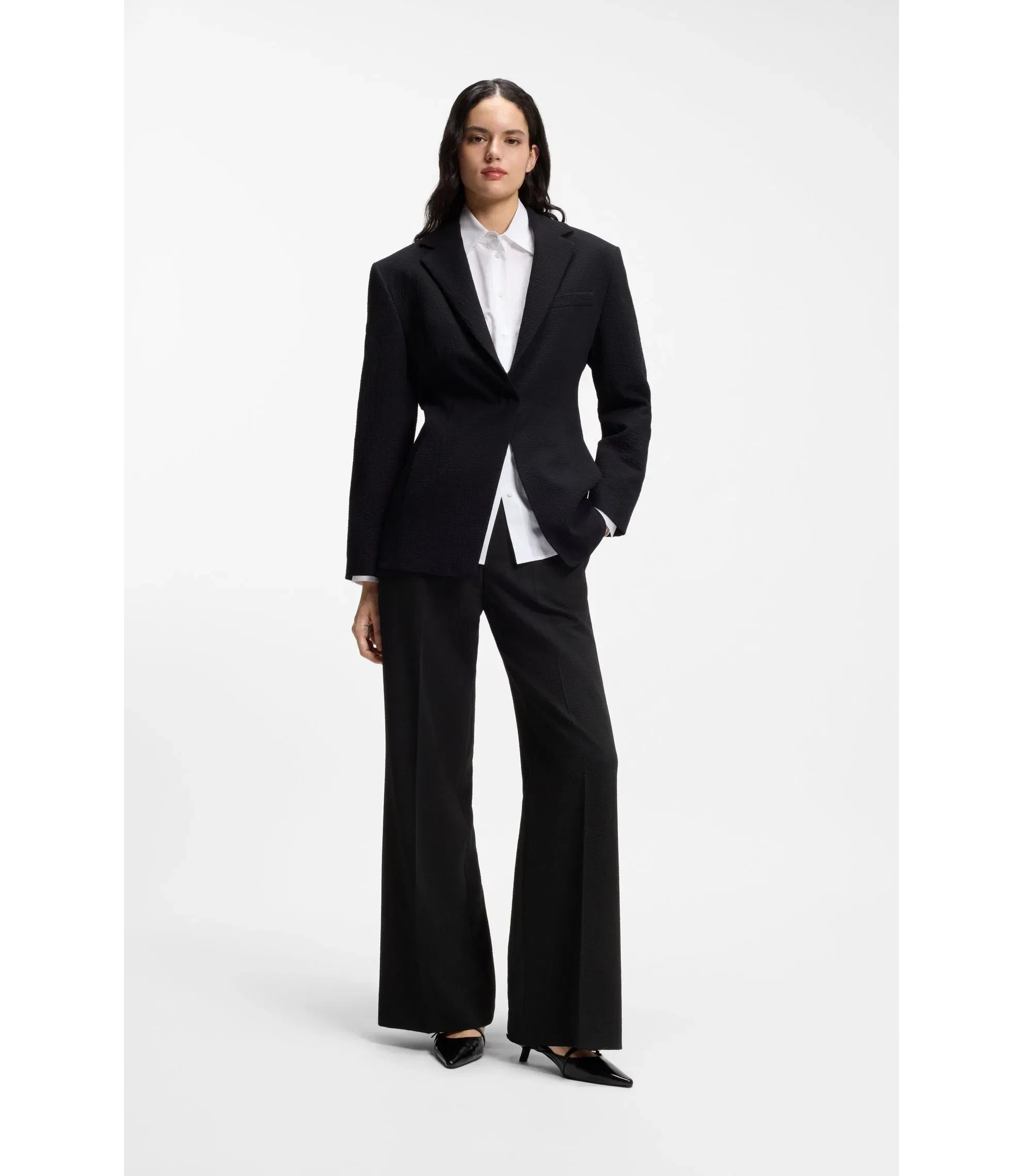 Hugo Regular Fit Trousers In Stretch Seersucker Black Women's