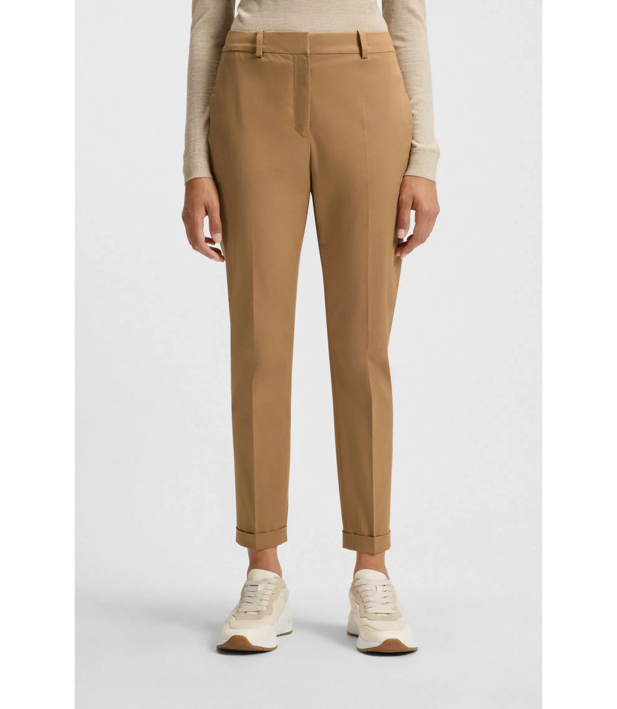 Boss Regular Fit Trousers In Stretch Cotton Twill Beige Women's