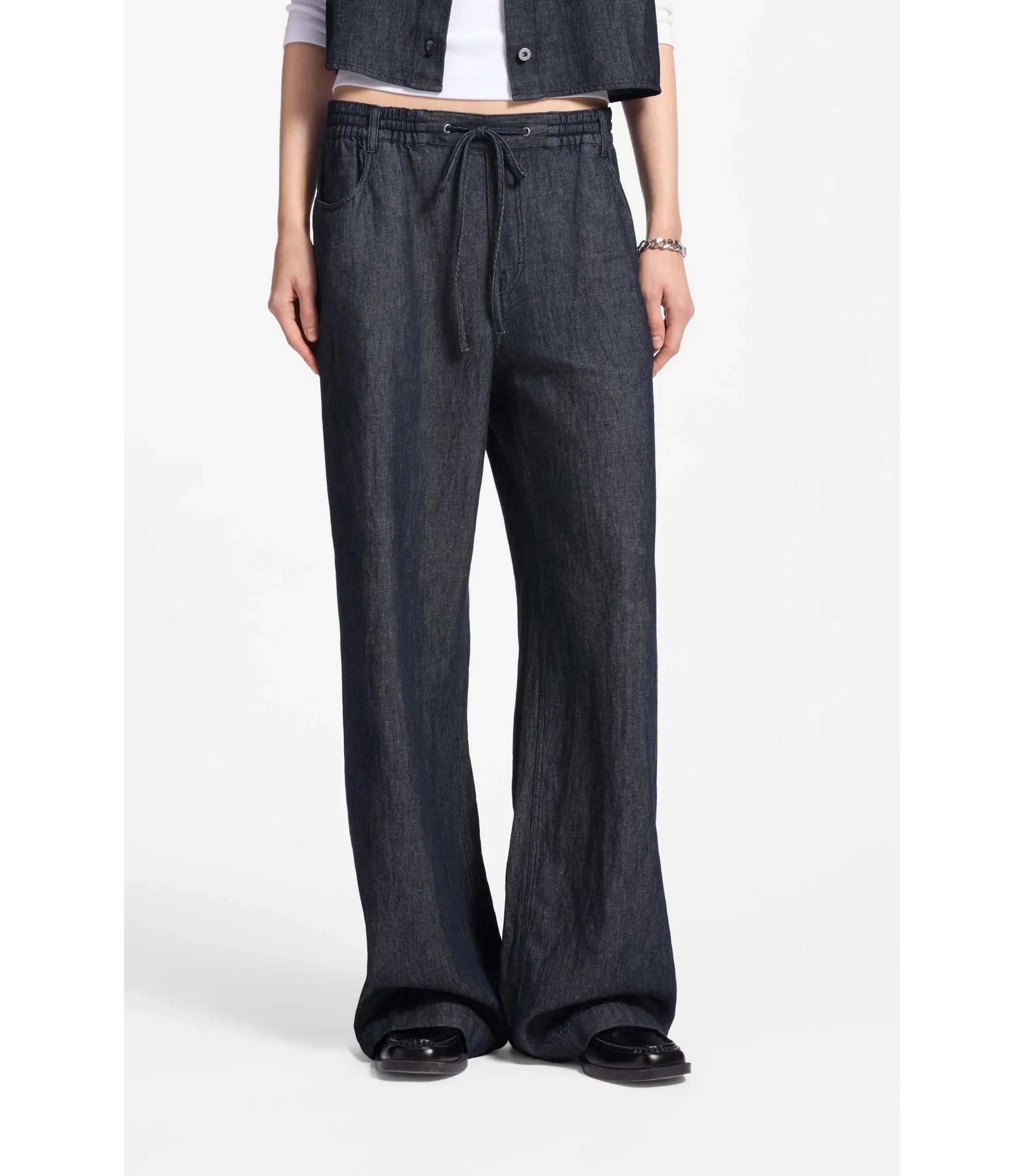Hugo Regular Fit Trousers In Lightweight Denim With Drawstring Waist Dark Blue Women's