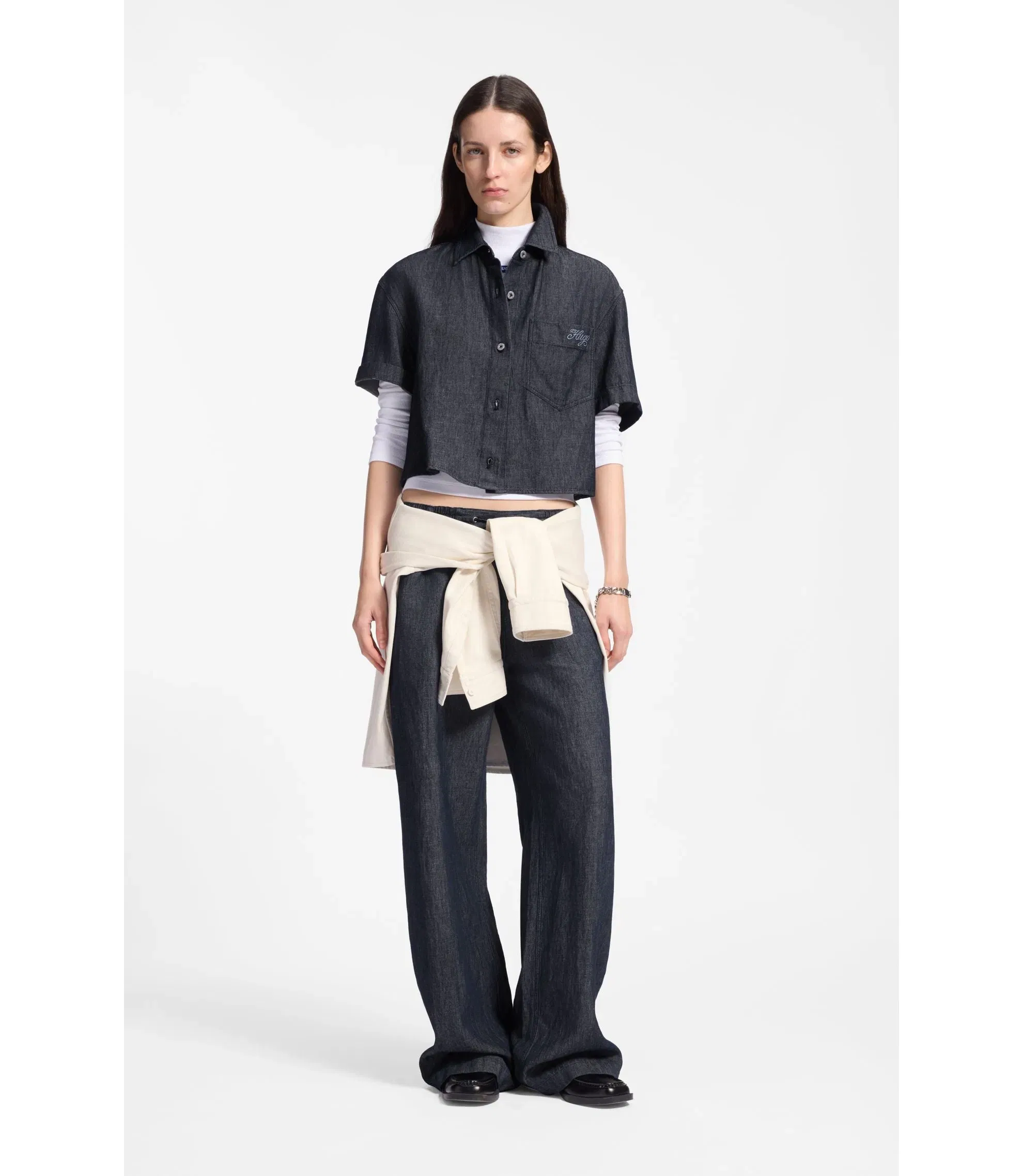 Hugo Regular Fit Trousers In Lightweight Denim With Drawstring Waist Dark Blue Women's